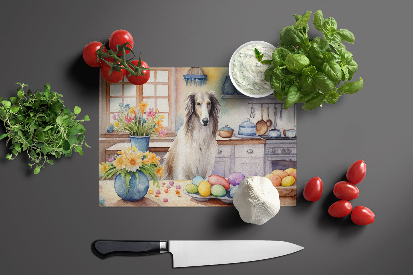 Decorating Easter Borzoi Glass Cutting Board