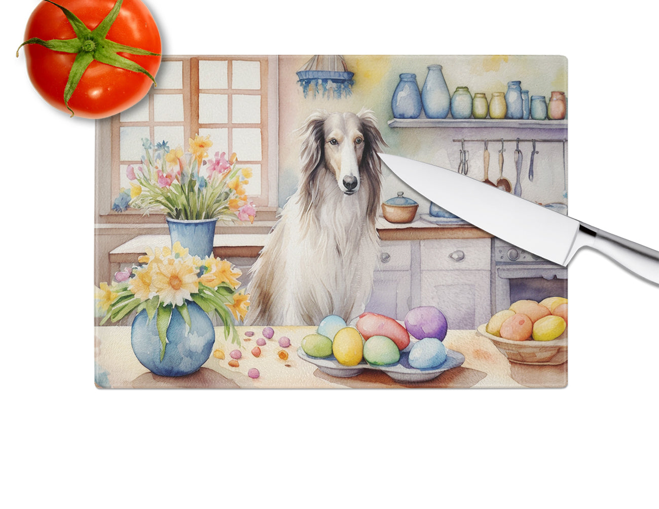 Decorating Easter Borzoi Glass Cutting Board