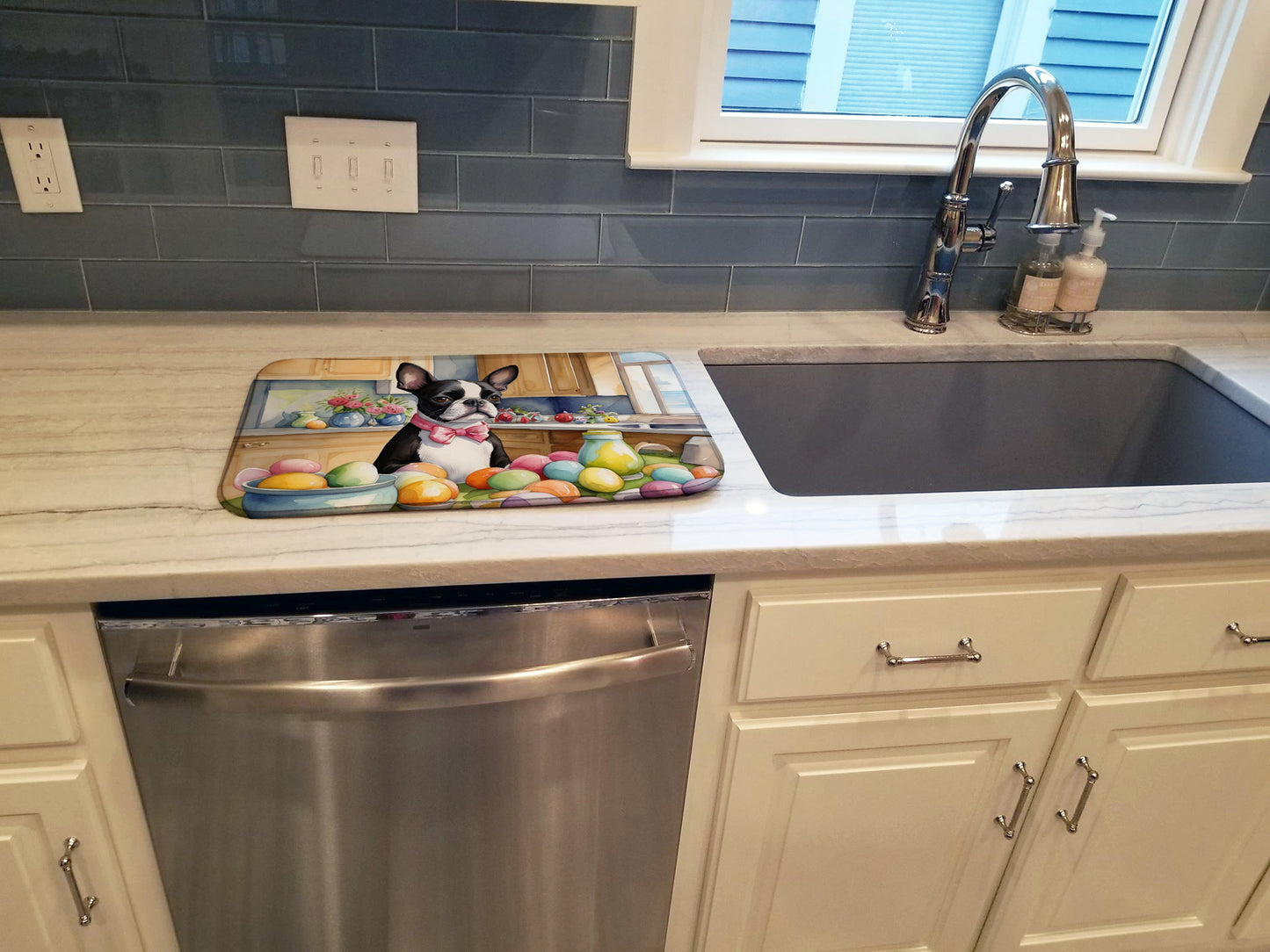 Decorating Easter Boston Terrier Dish Drying Mat