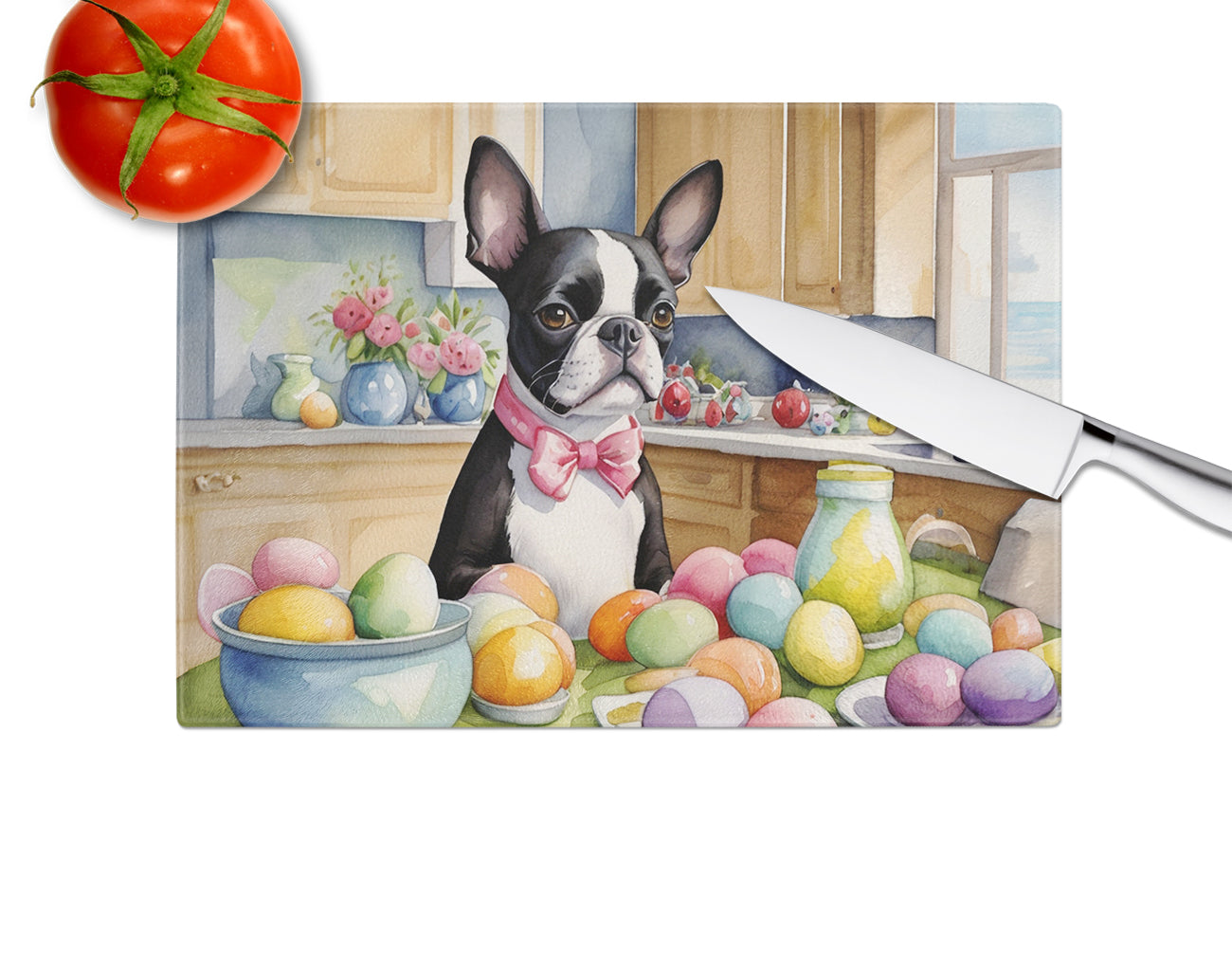 Decorating Easter Boston Terrier Glass Cutting Board