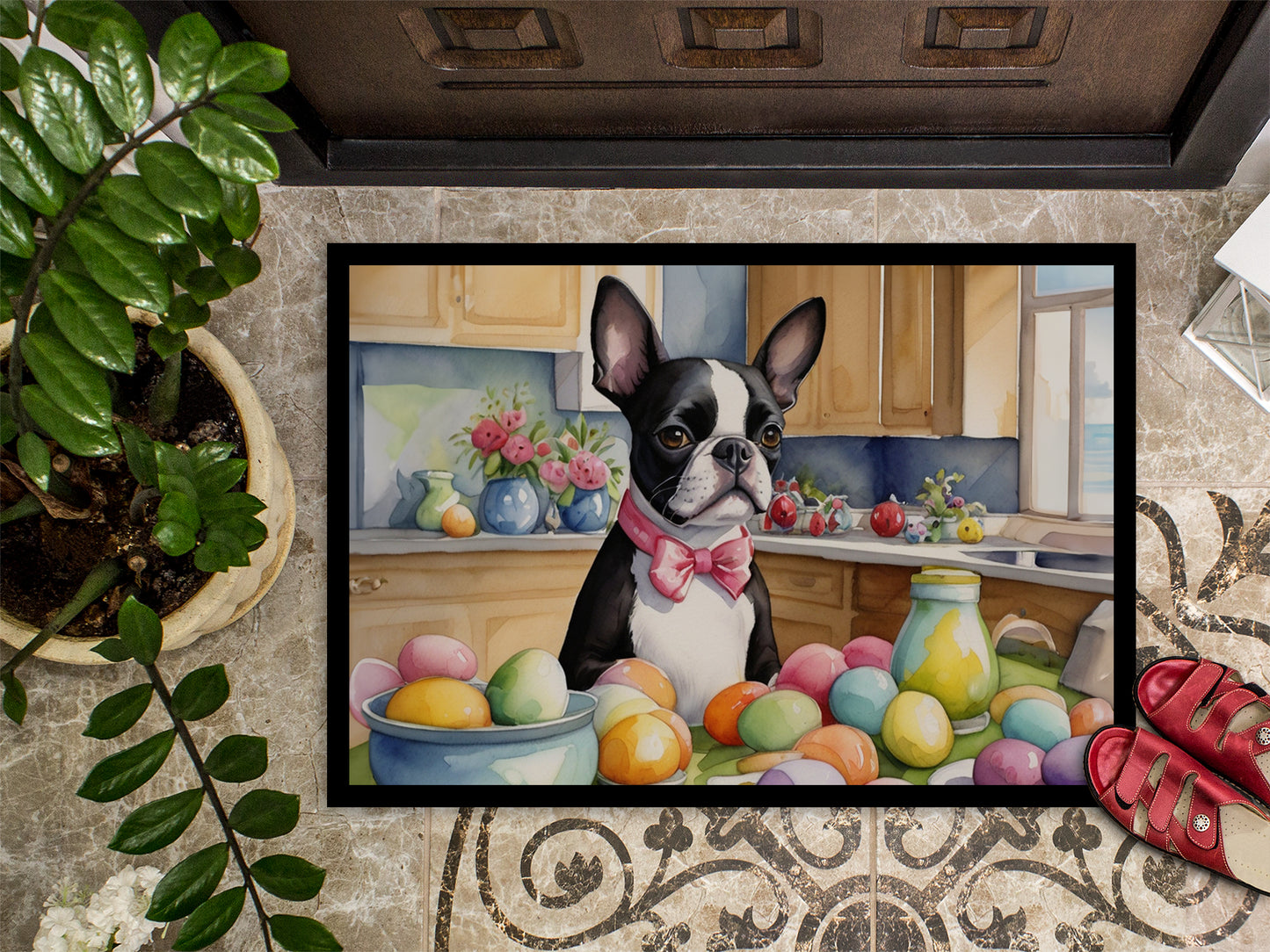 Decorating Easter Boston Terrier Doormat