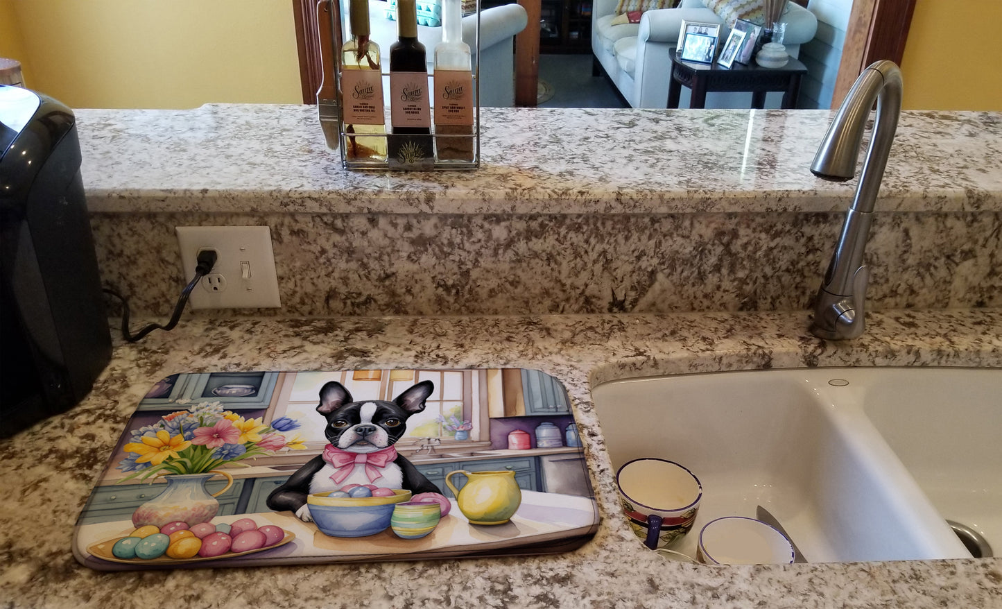 Decorating Easter Boston Terrier Dish Drying Mat