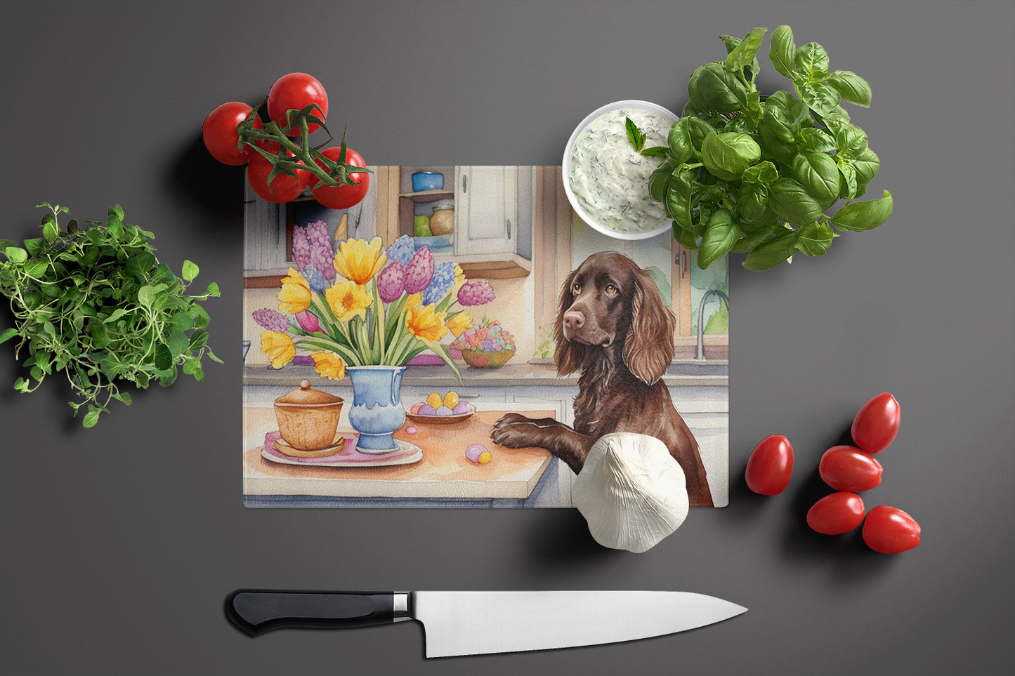 Decorating Easter Boykin Spaniel Glass Cutting Board