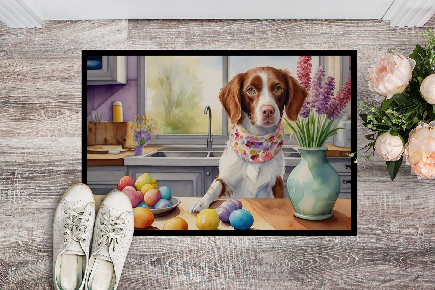 Decorating Easter Brittany Spaniel Doormat