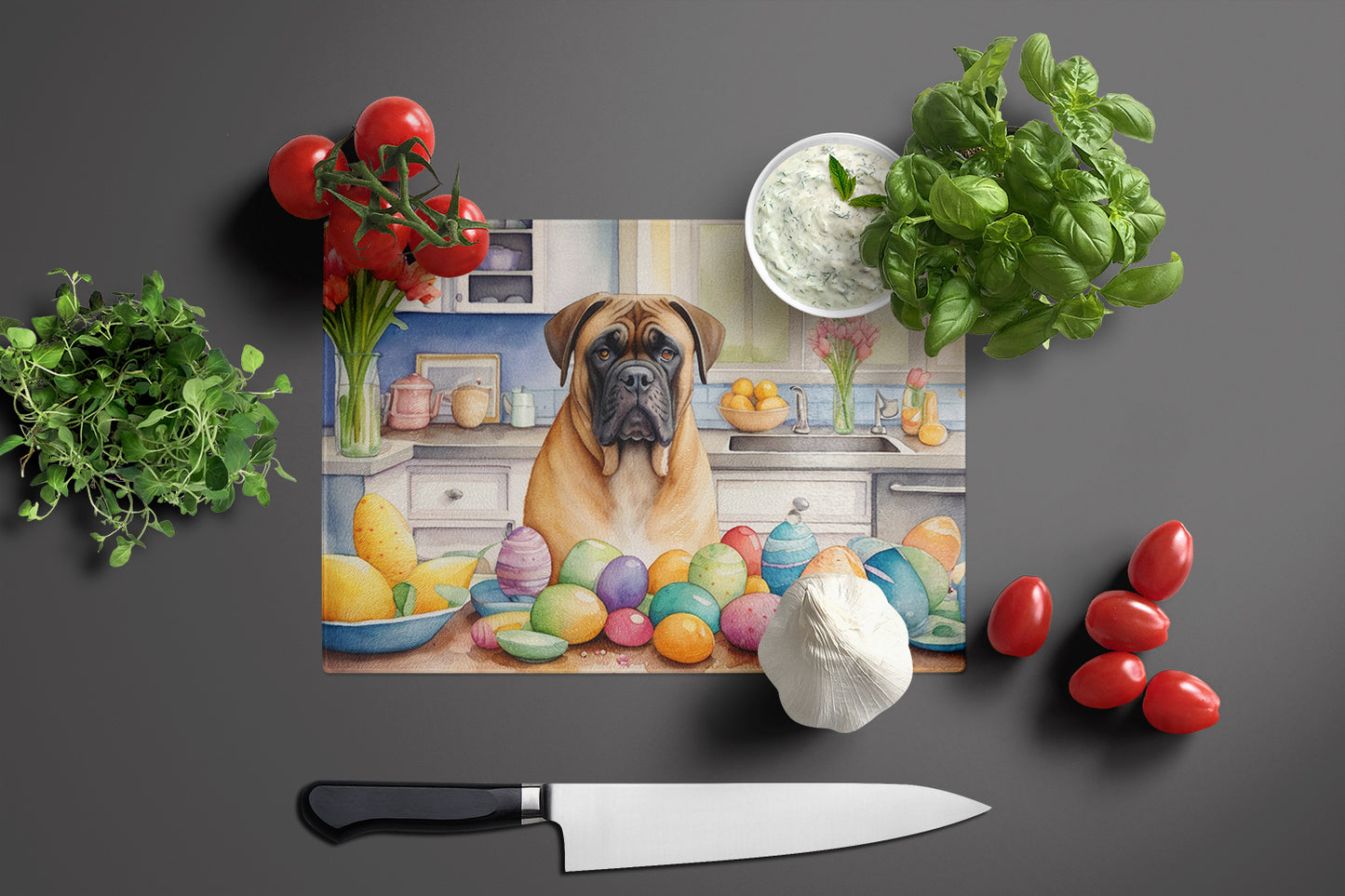 Decorating Easter Bullmastiff Glass Cutting Board