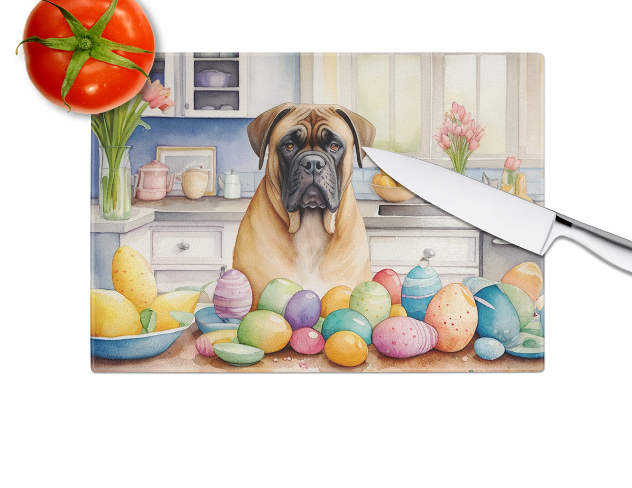 Decorating Easter Bullmastiff Glass Cutting Board