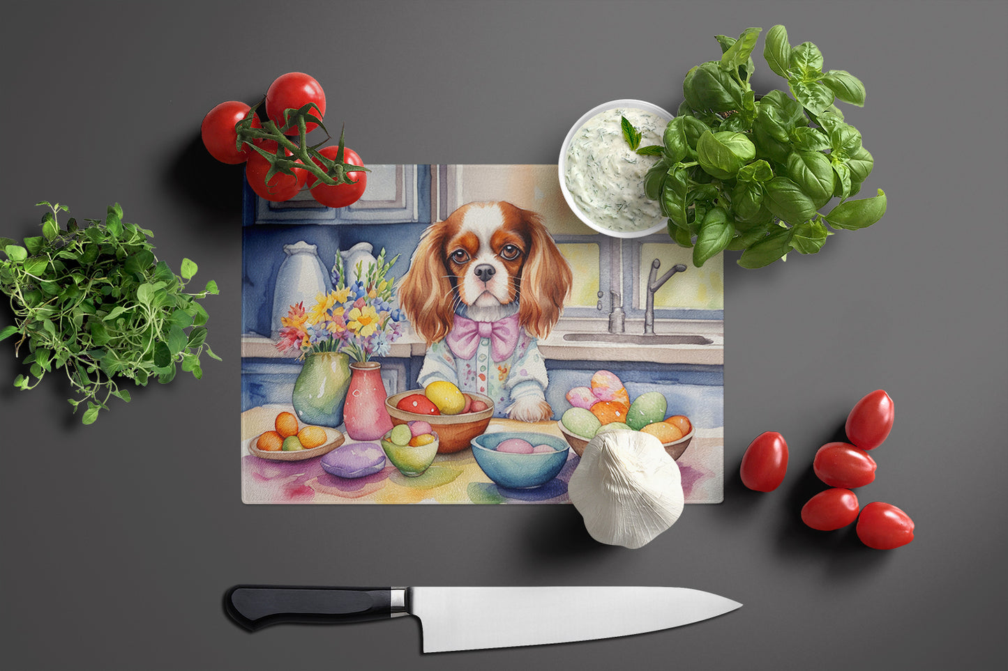 Decorating Easter Cavalier Spaniel Glass Cutting Board