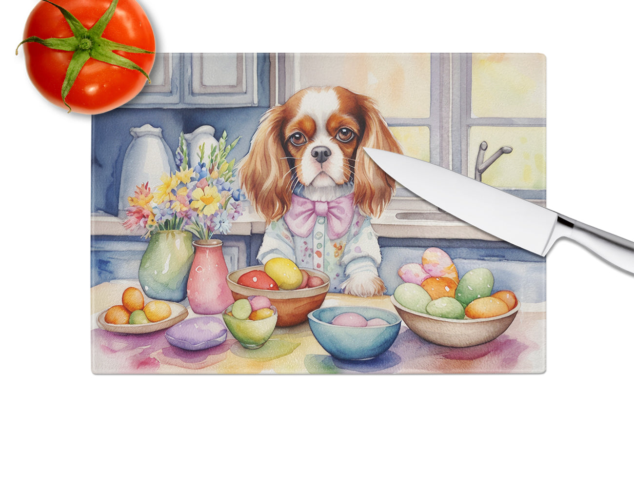 Decorating Easter Cavalier Spaniel Glass Cutting Board