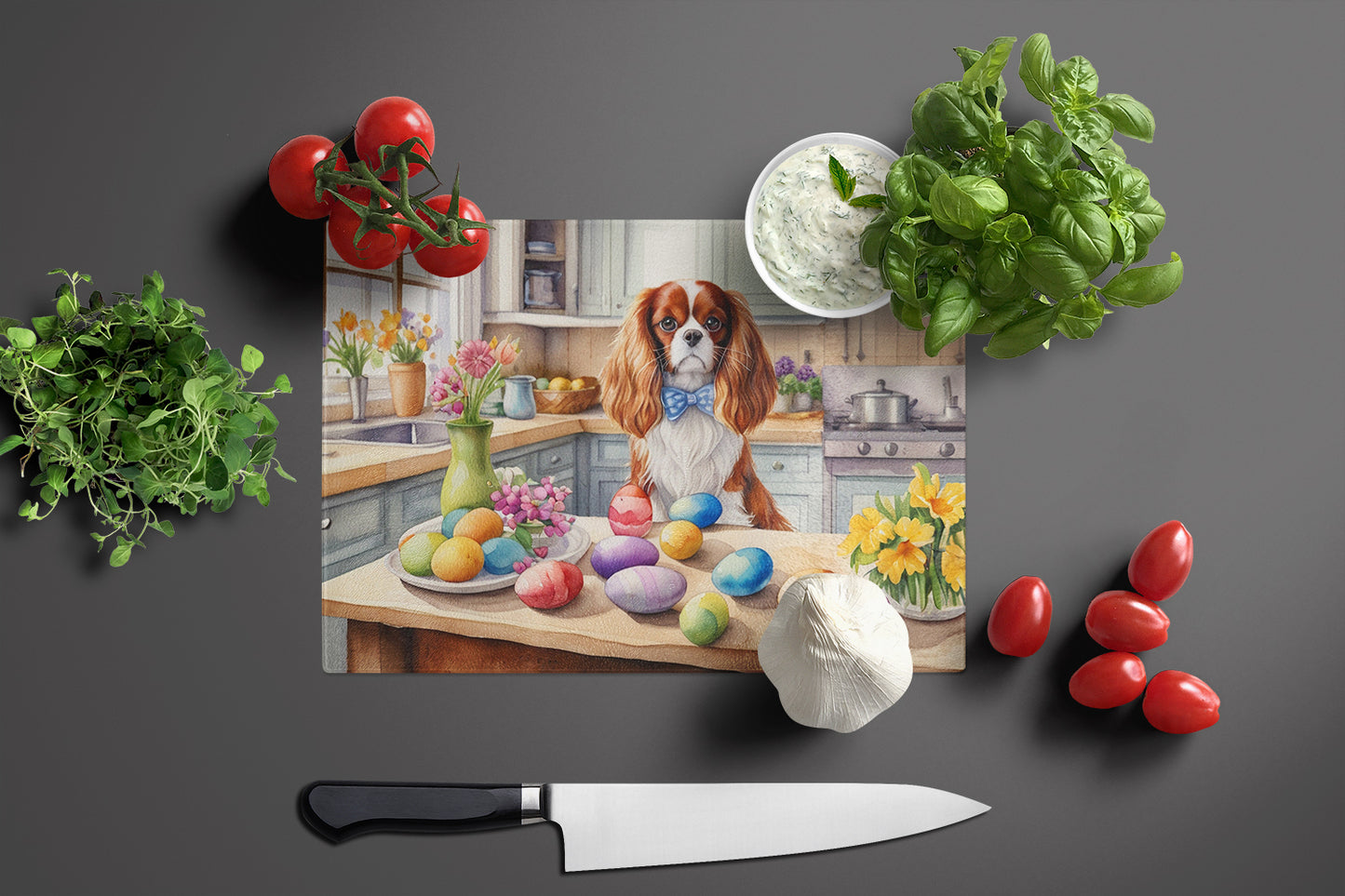 Decorating Easter Cavalier Spaniel Glass Cutting Board