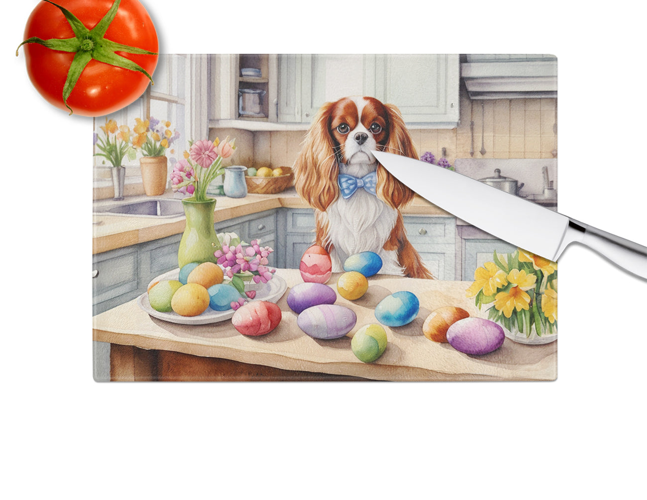 Decorating Easter Cavalier Spaniel Glass Cutting Board