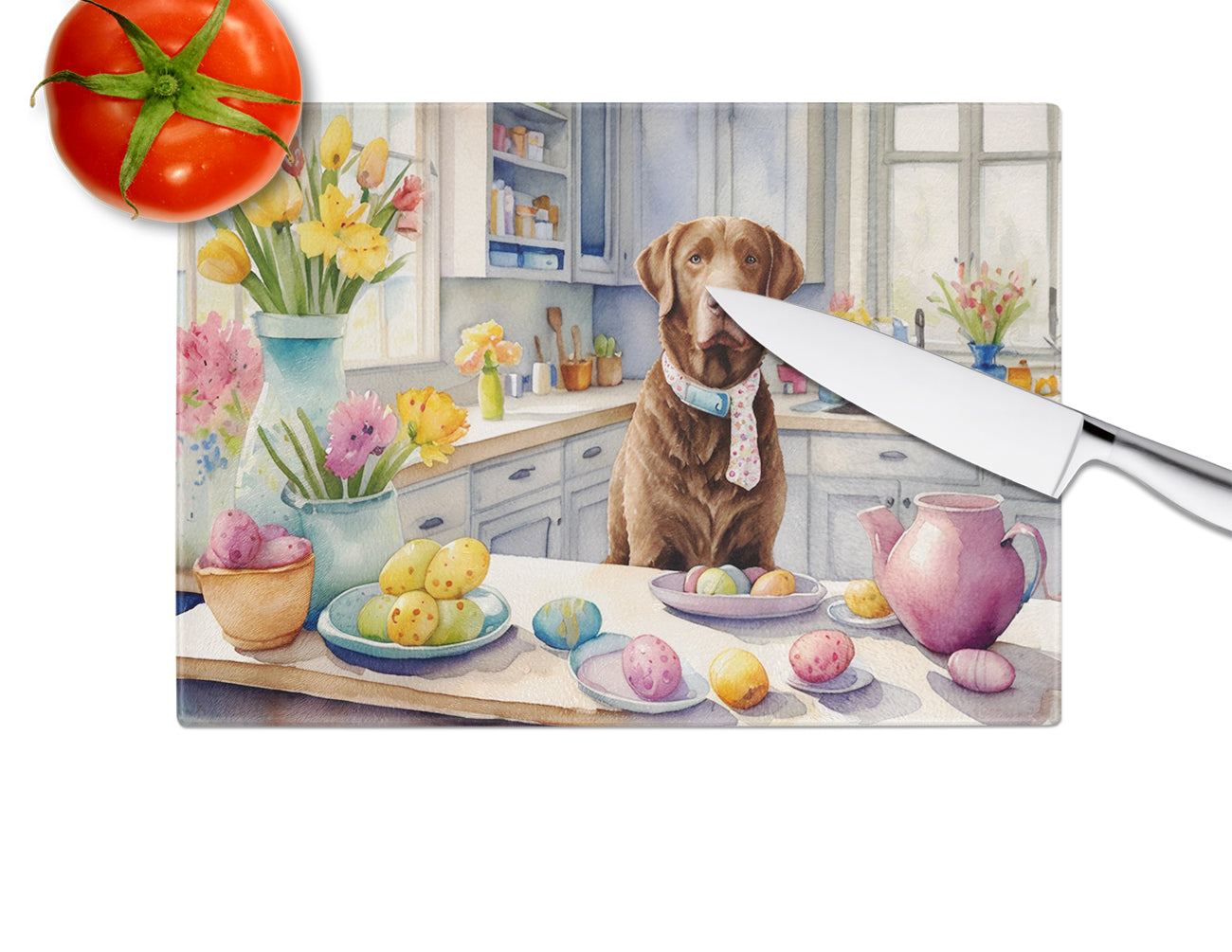 Decorating Easter Chesapeake Bay Retriever Glass Cutting Board