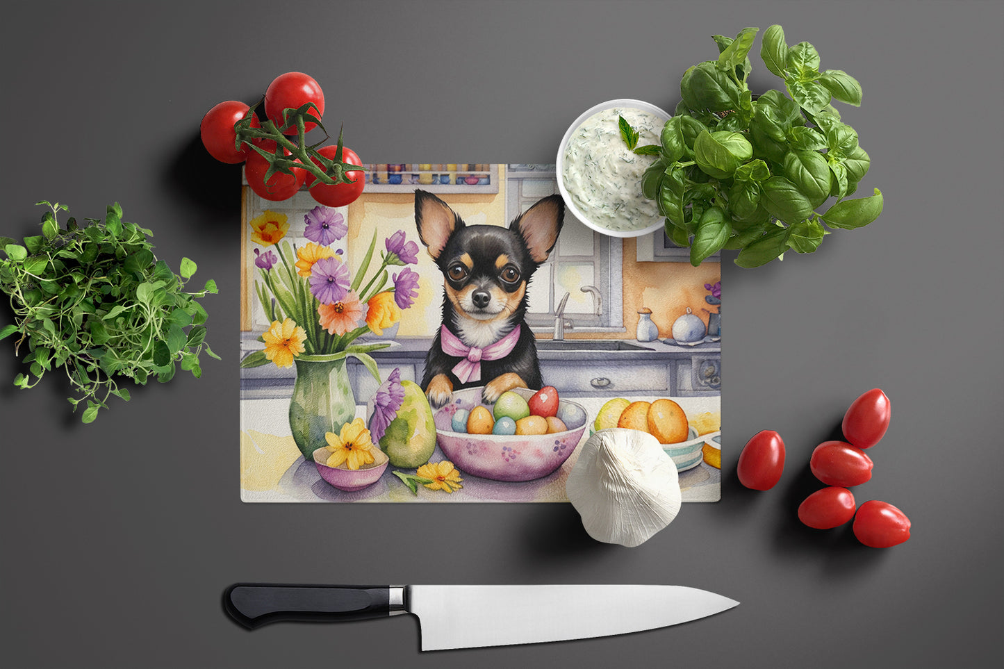 Decorating Easter Chihuahua Glass Cutting Board