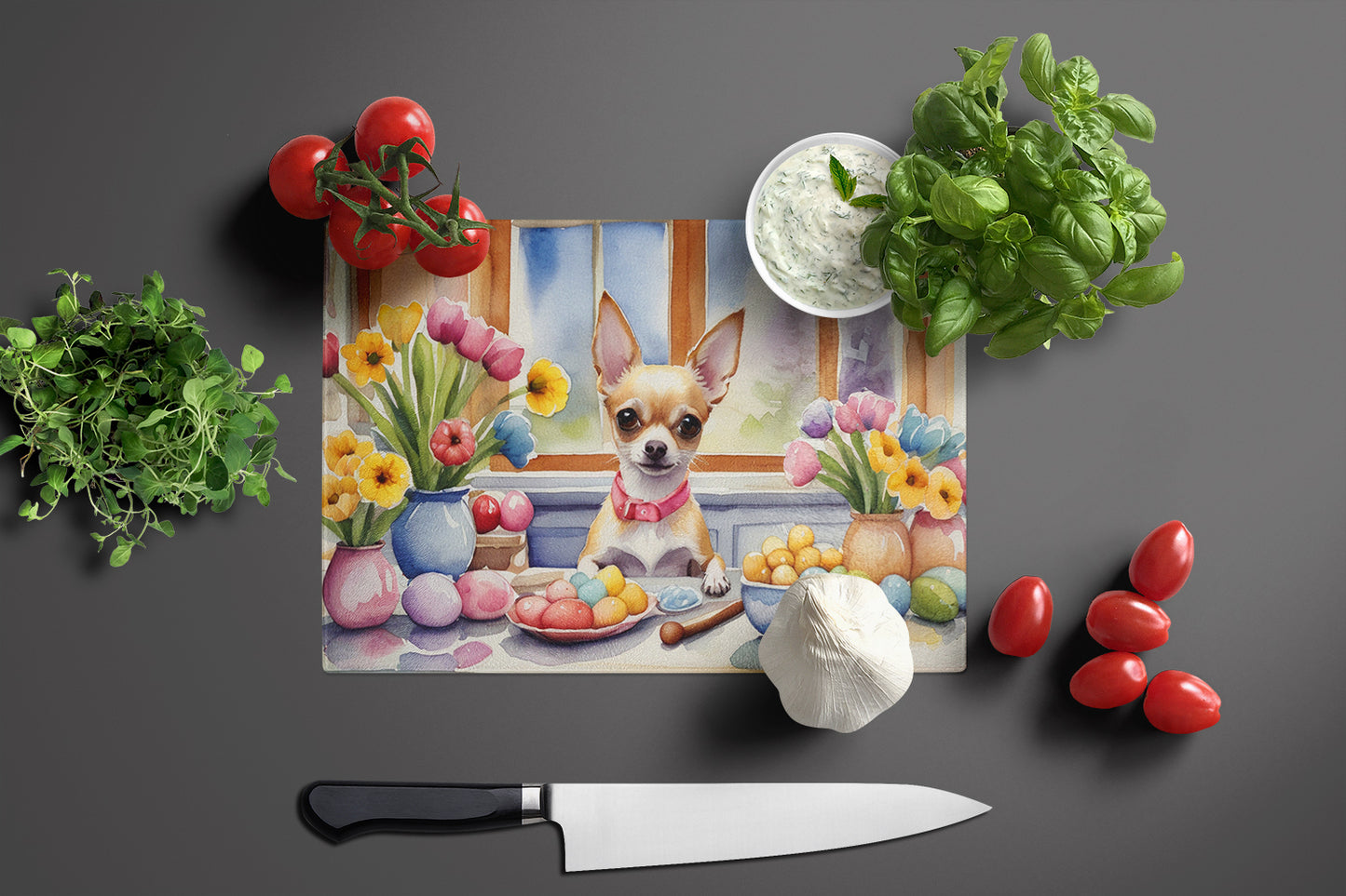 Decorating Easter Chihuahua Glass Cutting Board