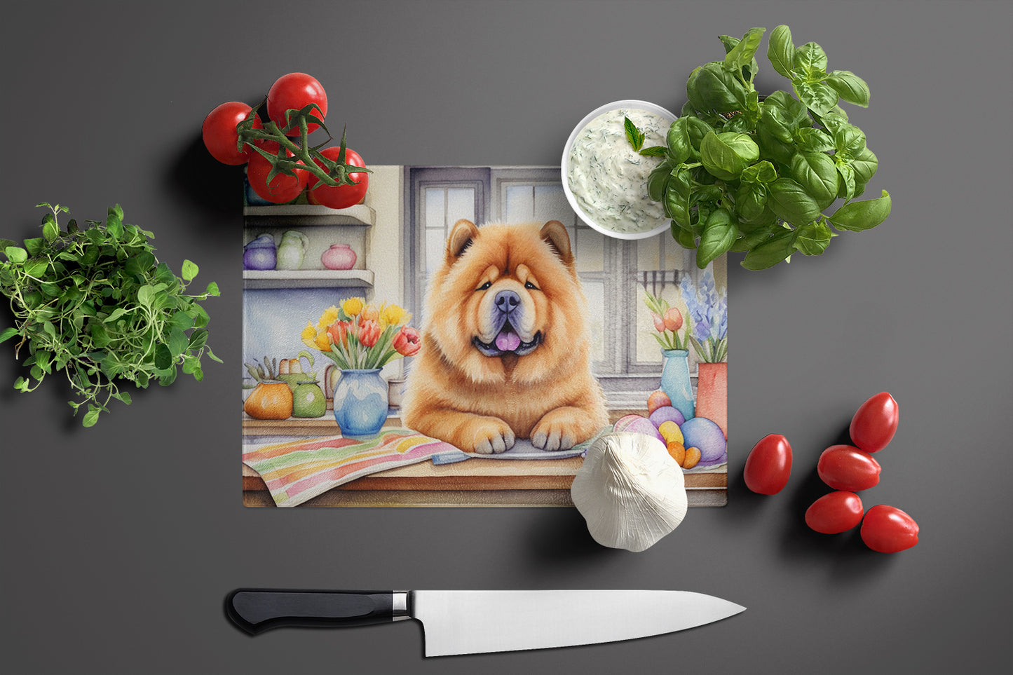 Decorating Easter Chow Chow Glass Cutting Board