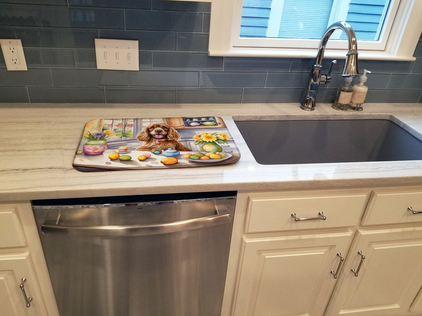 Decorating Easter Cocker Spaniel Dish Drying Mat