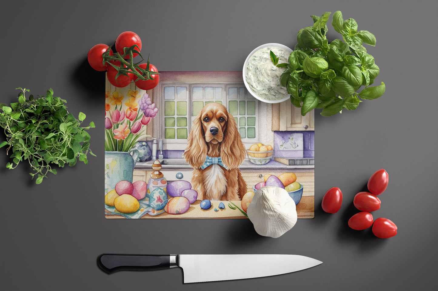 Decorating Easter Cocker Spaniel Glass Cutting Board