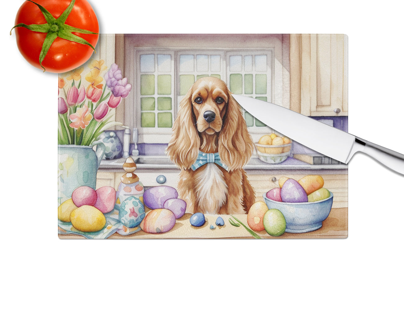 Decorating Easter Cocker Spaniel Glass Cutting Board