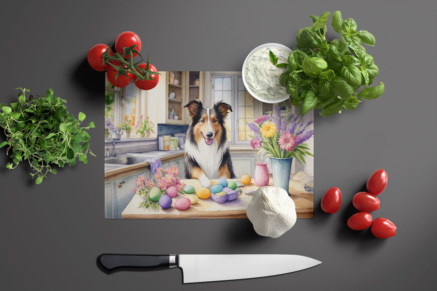 Decorating Easter Collie Glass Cutting Board