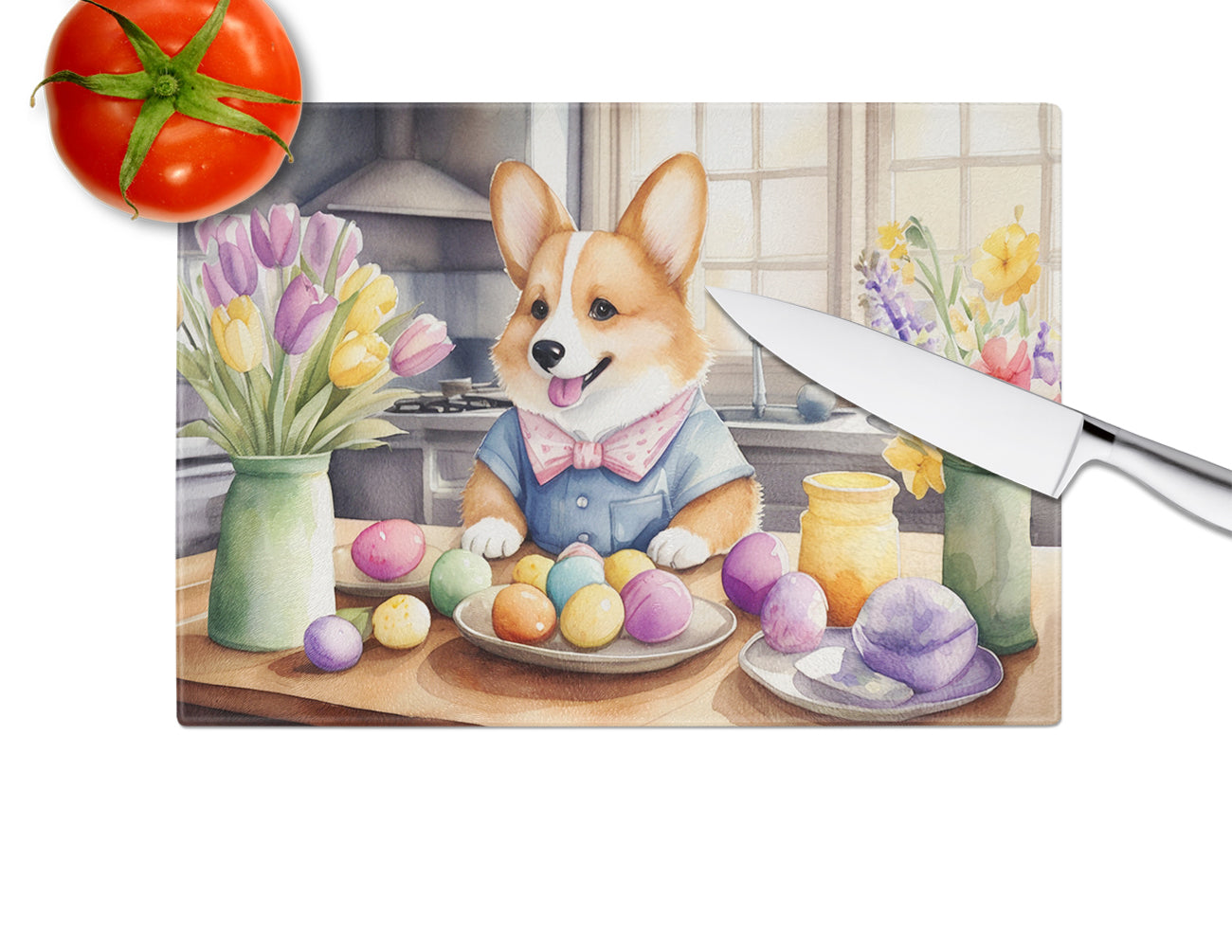 Decorating Easter Corgi Glass Cutting Board