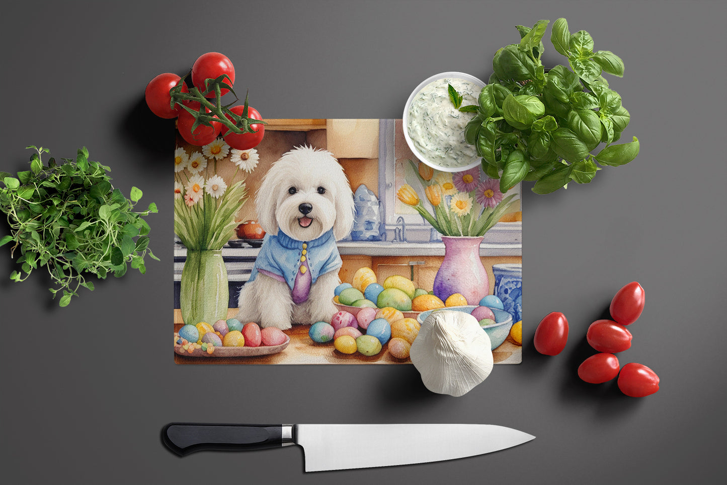 Decorating Easter Coton de Tulear Glass Cutting Board