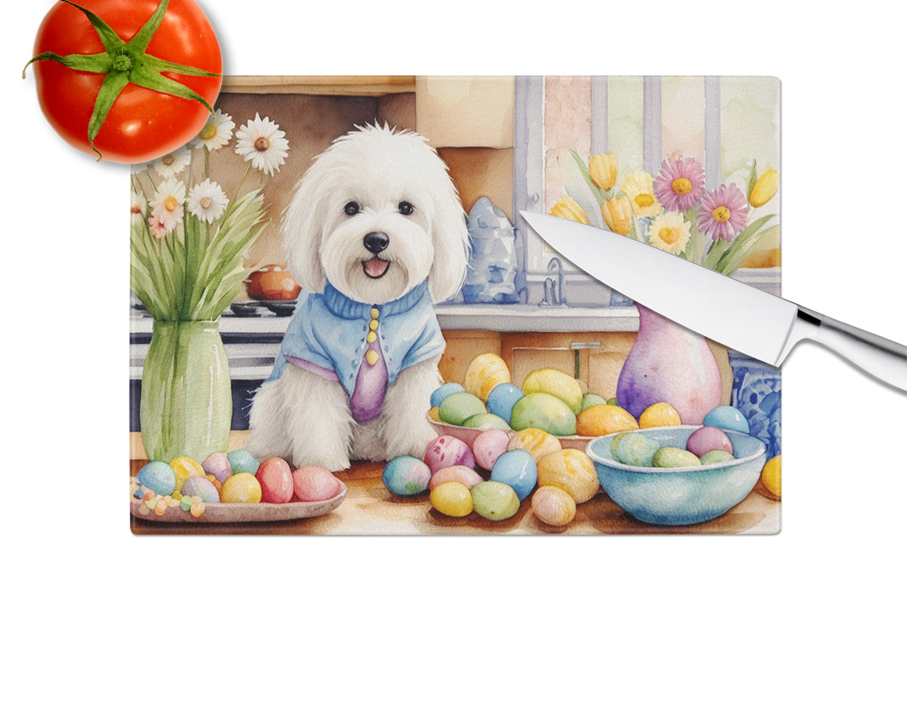 Decorating Easter Coton de Tulear Glass Cutting Board