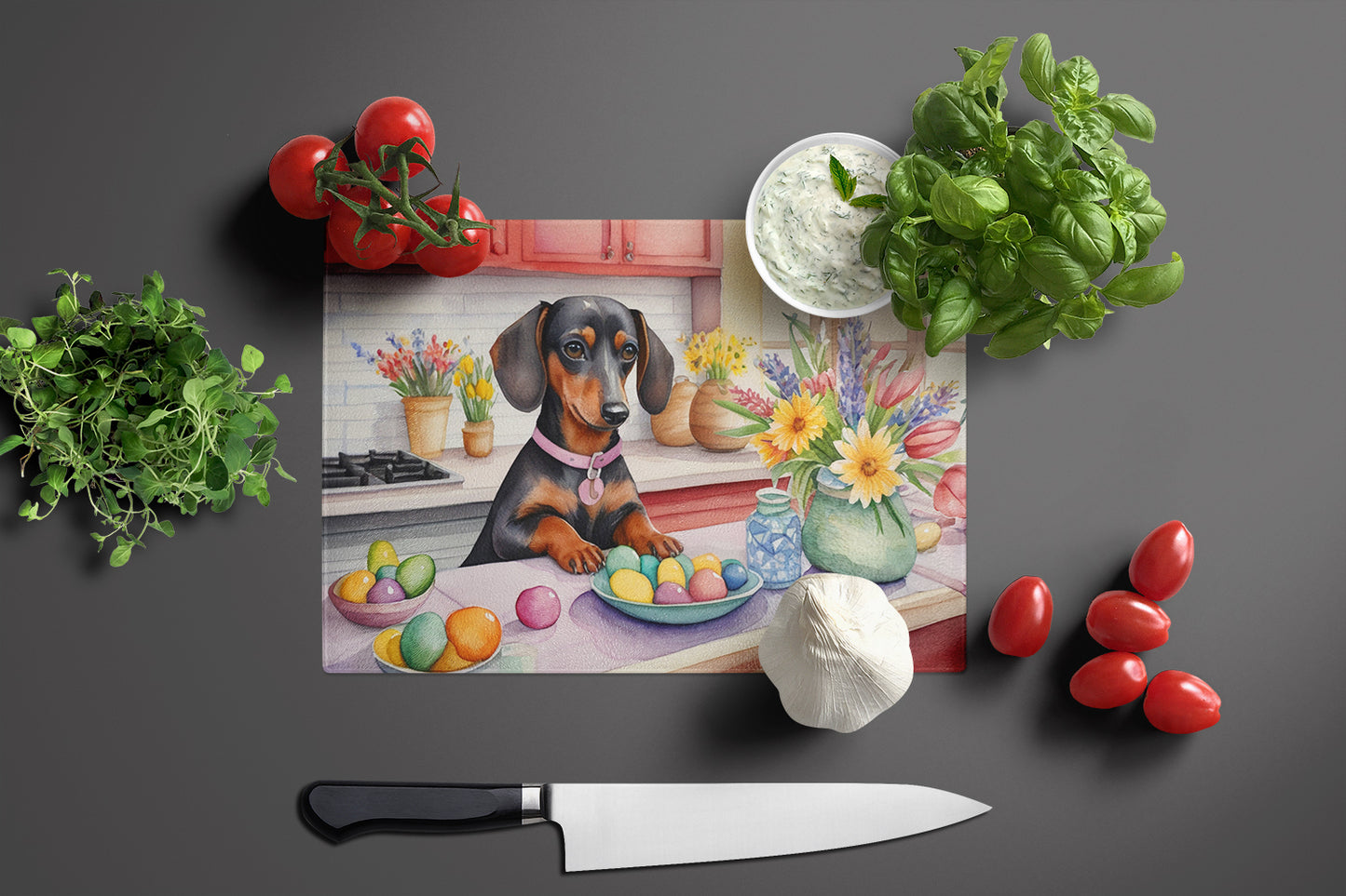 Decorating Easter Dachshund Glass Cutting Board