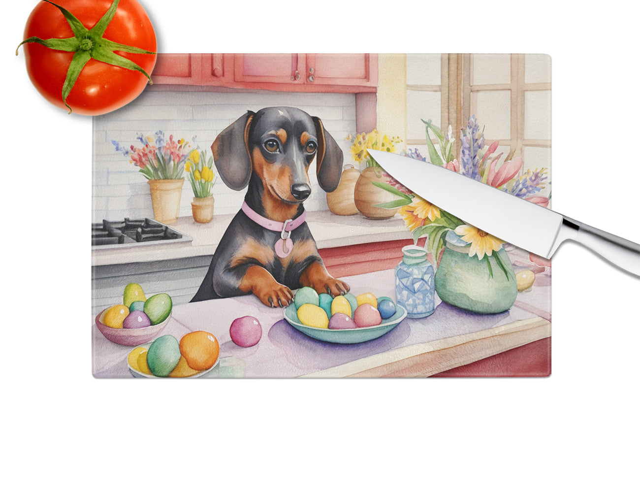 Decorating Easter Dachshund Glass Cutting Board