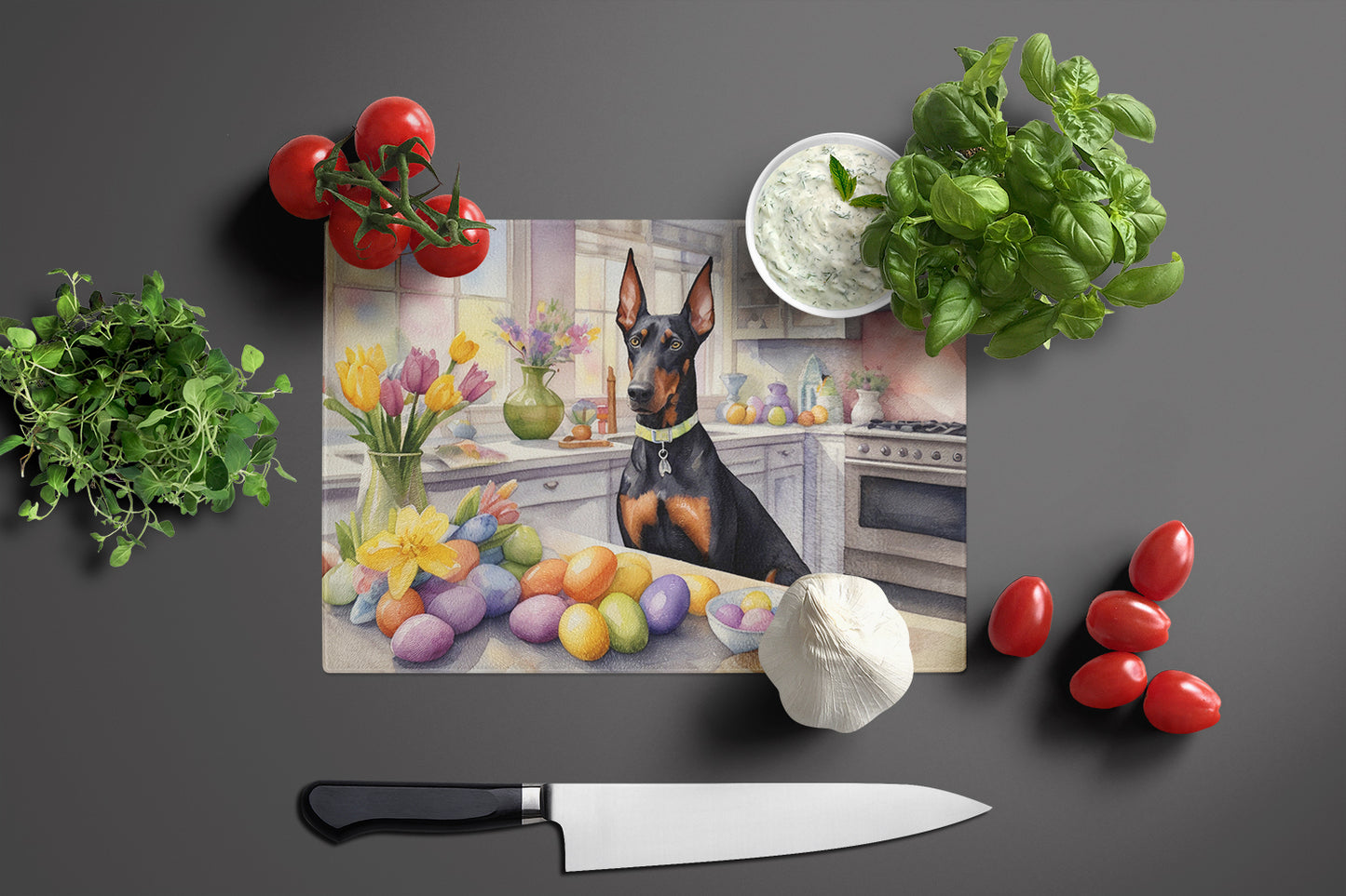 Decorating Easter Doberman Pinscher Glass Cutting Board