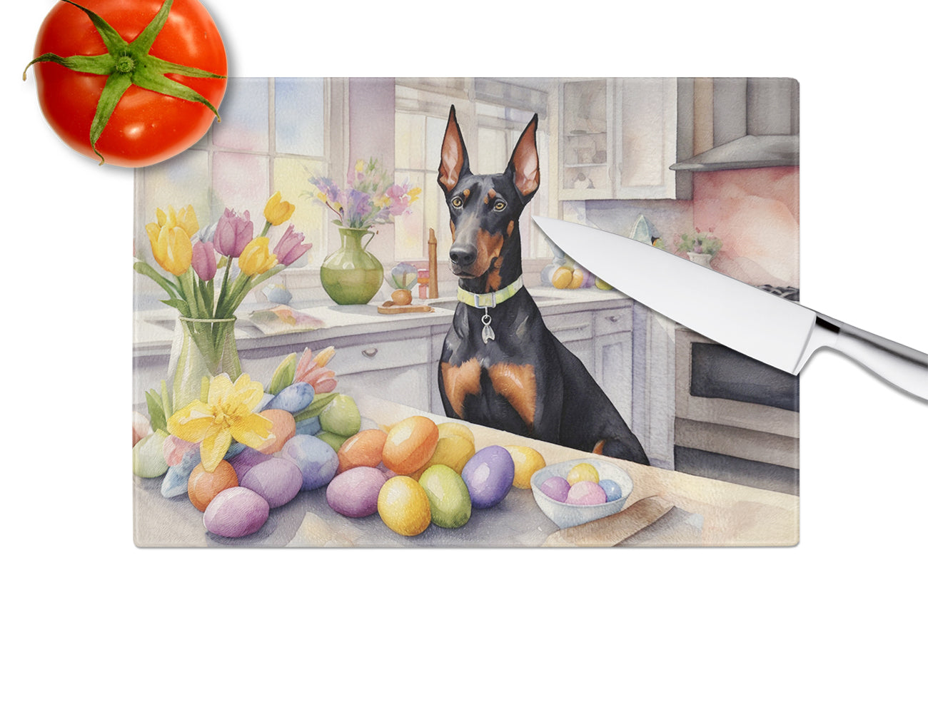 Decorating Easter Doberman Pinscher Glass Cutting Board