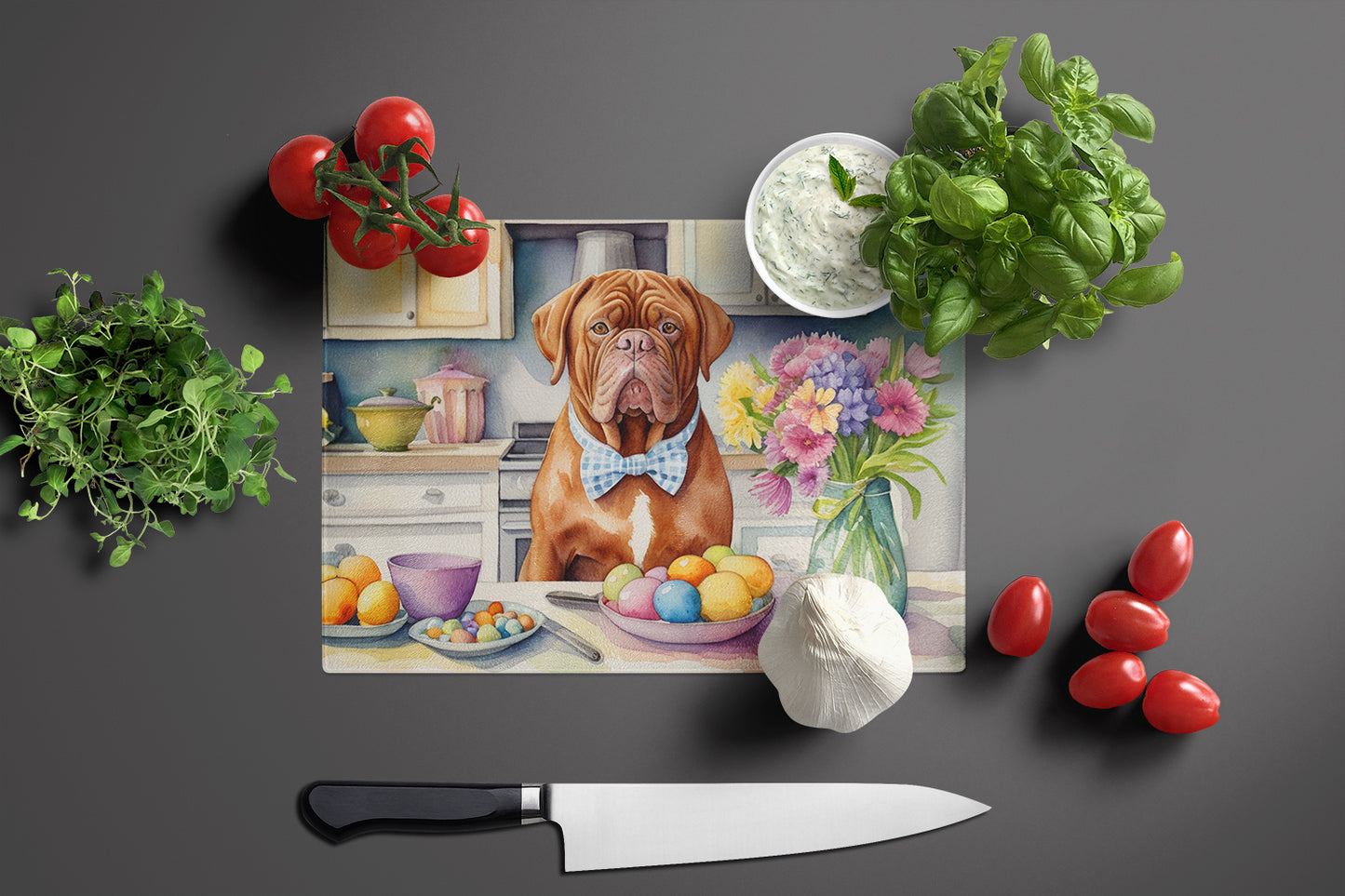 Decorating Easter Dogue de Bordeaux Glass Cutting Board