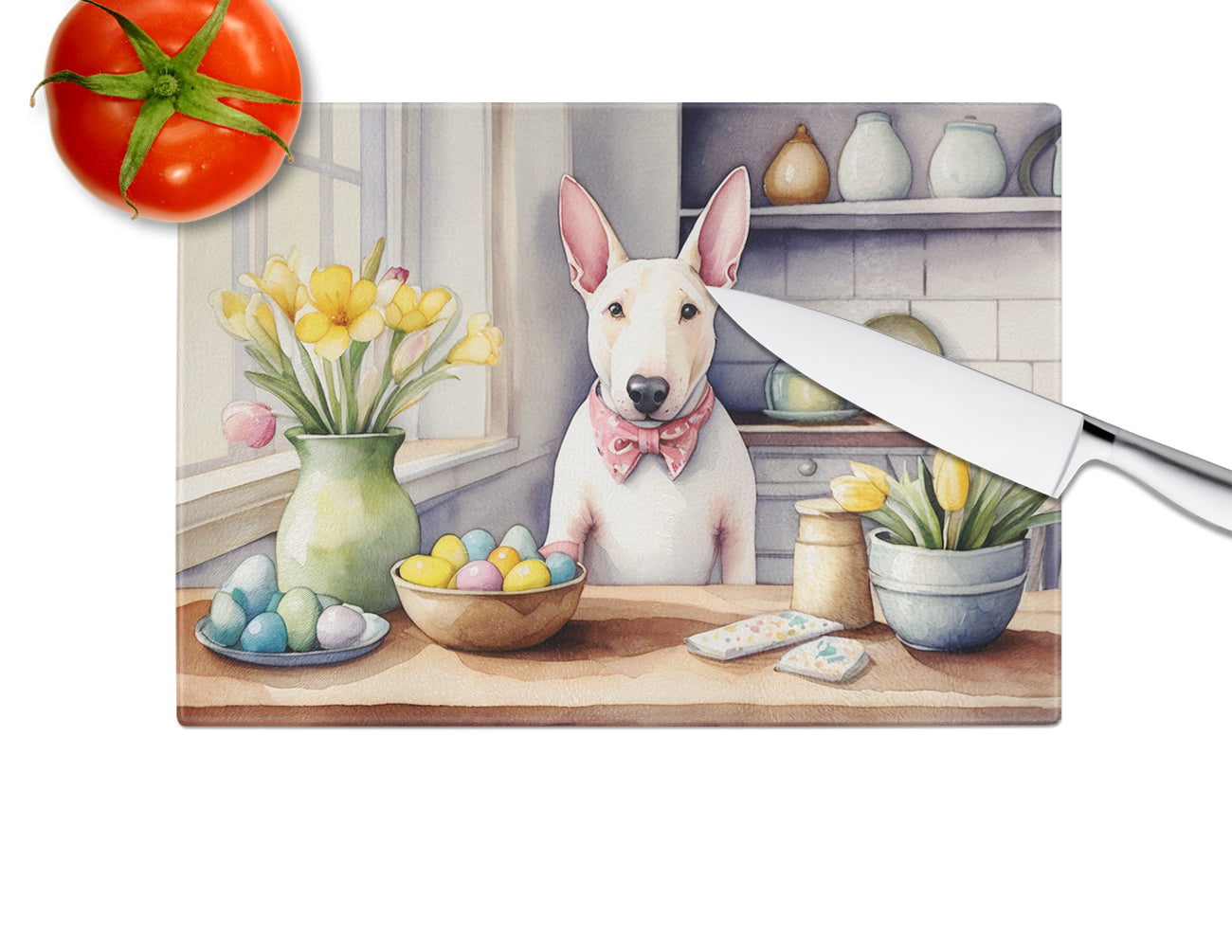 Decorating Easter English Bull Terrier Glass Cutting Board