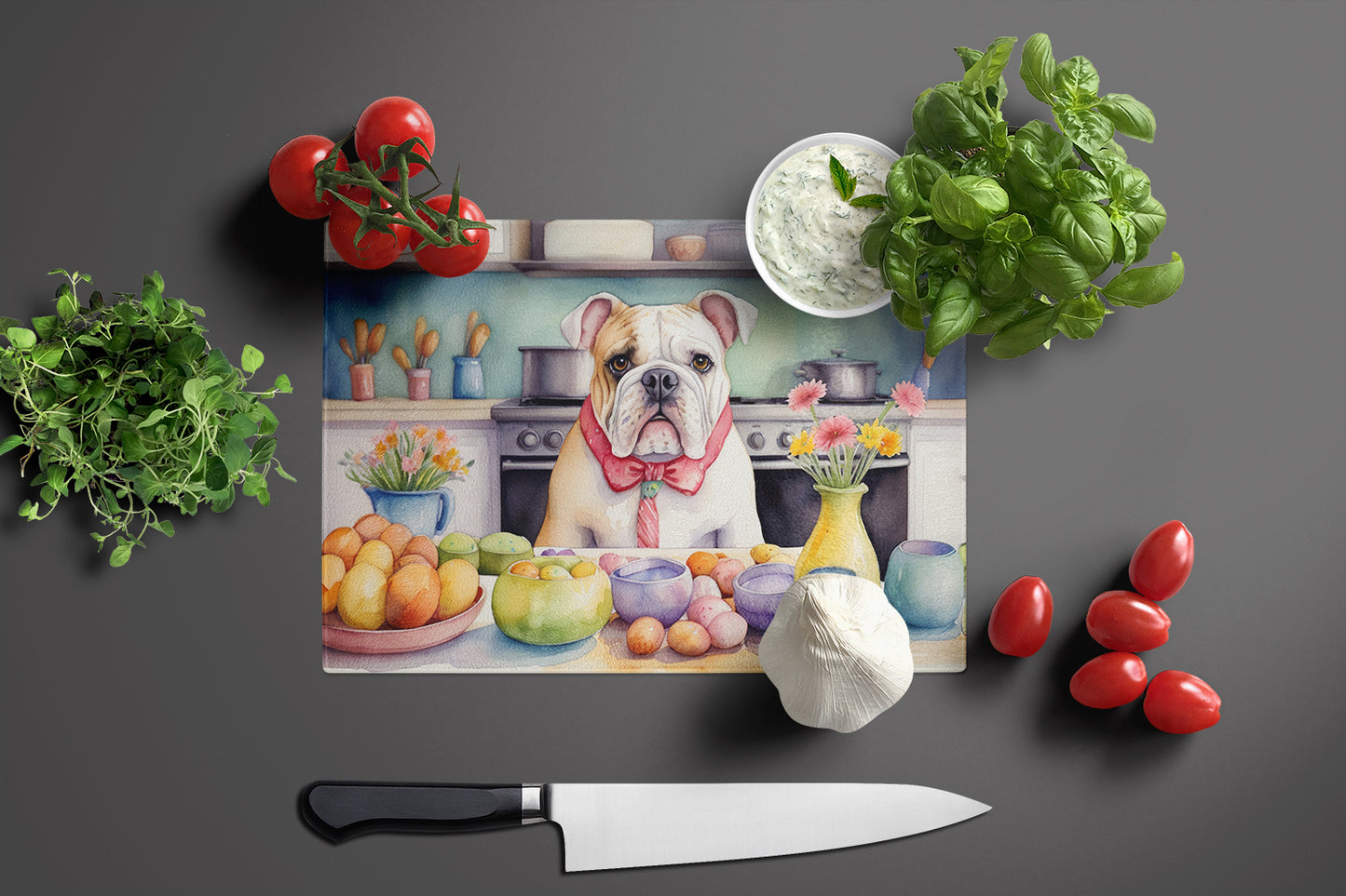 Decorating Easter English Bulldog Glass Cutting Board