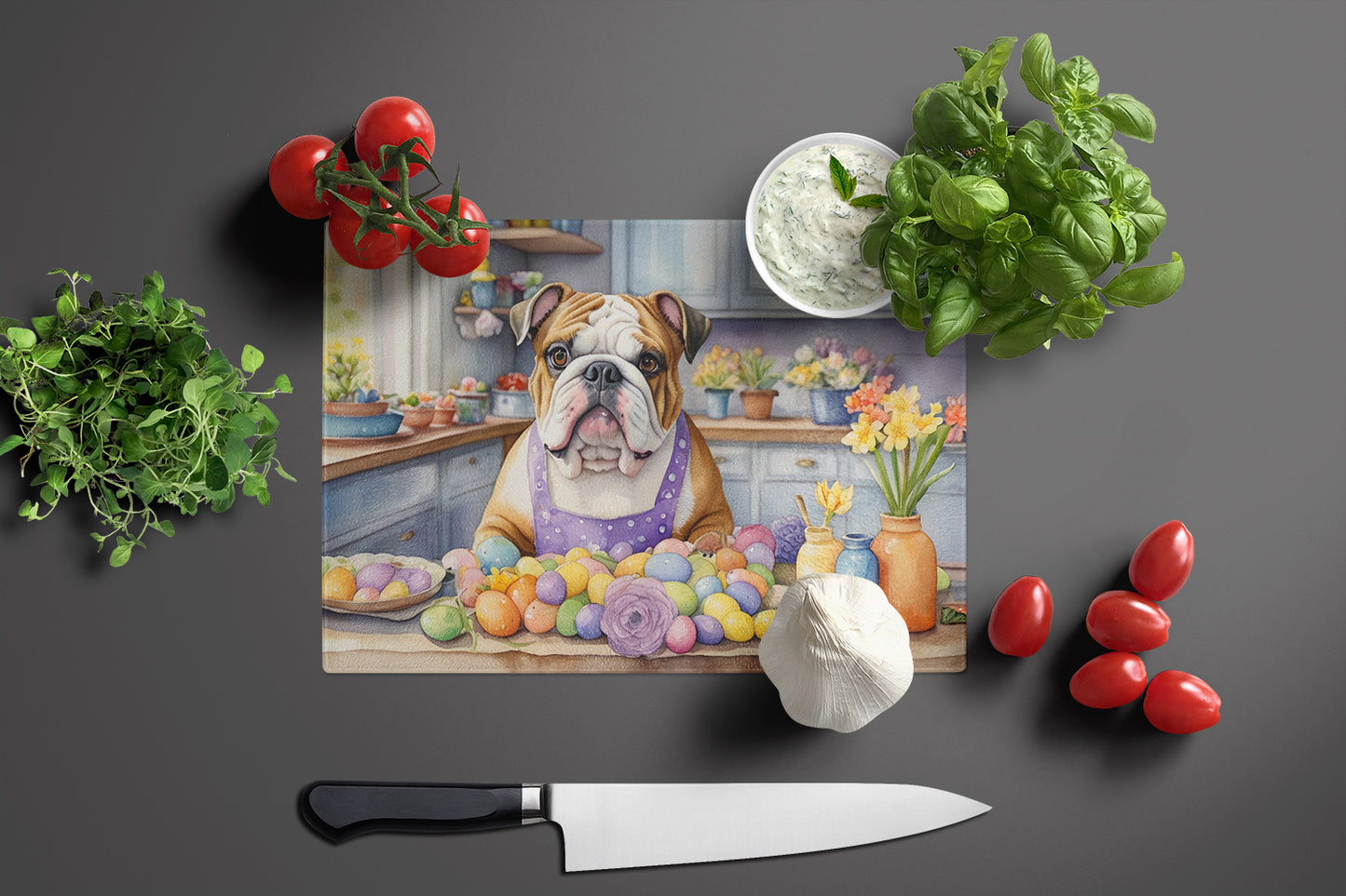 Decorating Easter English Bulldog Glass Cutting Board