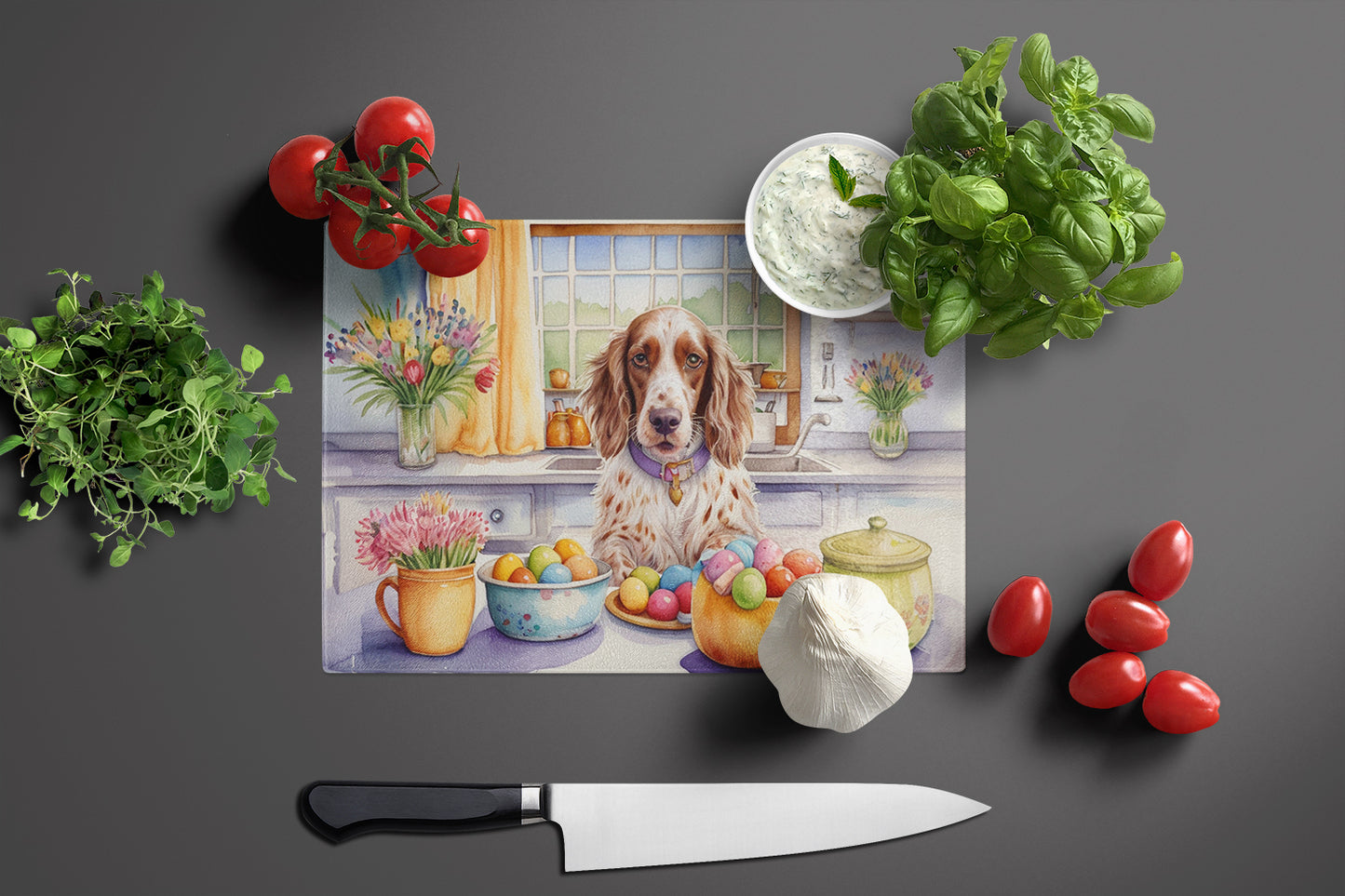 Decorating Easter English Setter Glass Cutting Board