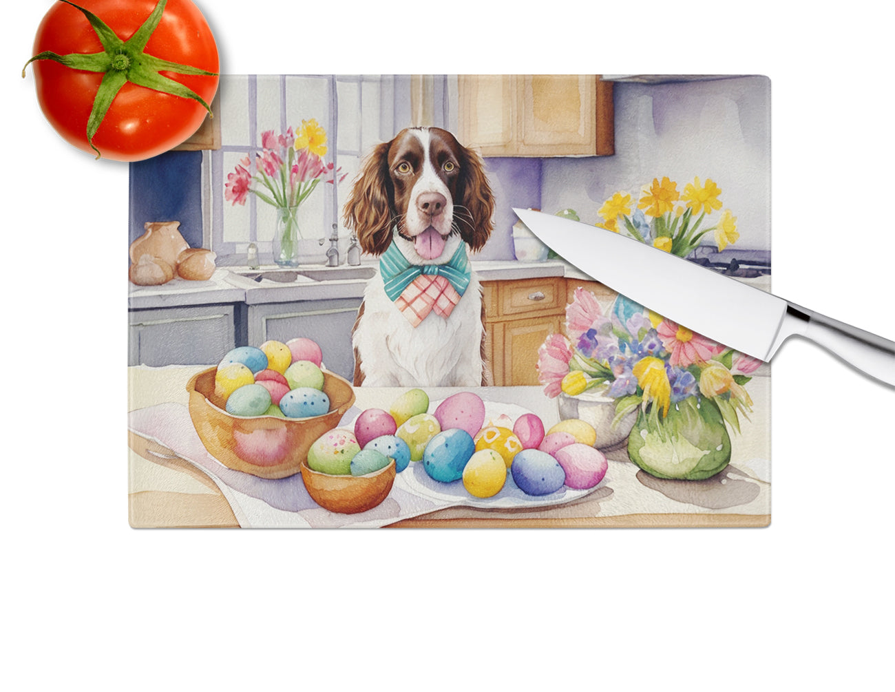 Decorating Easter English Springer Spaniel Glass Cutting Board