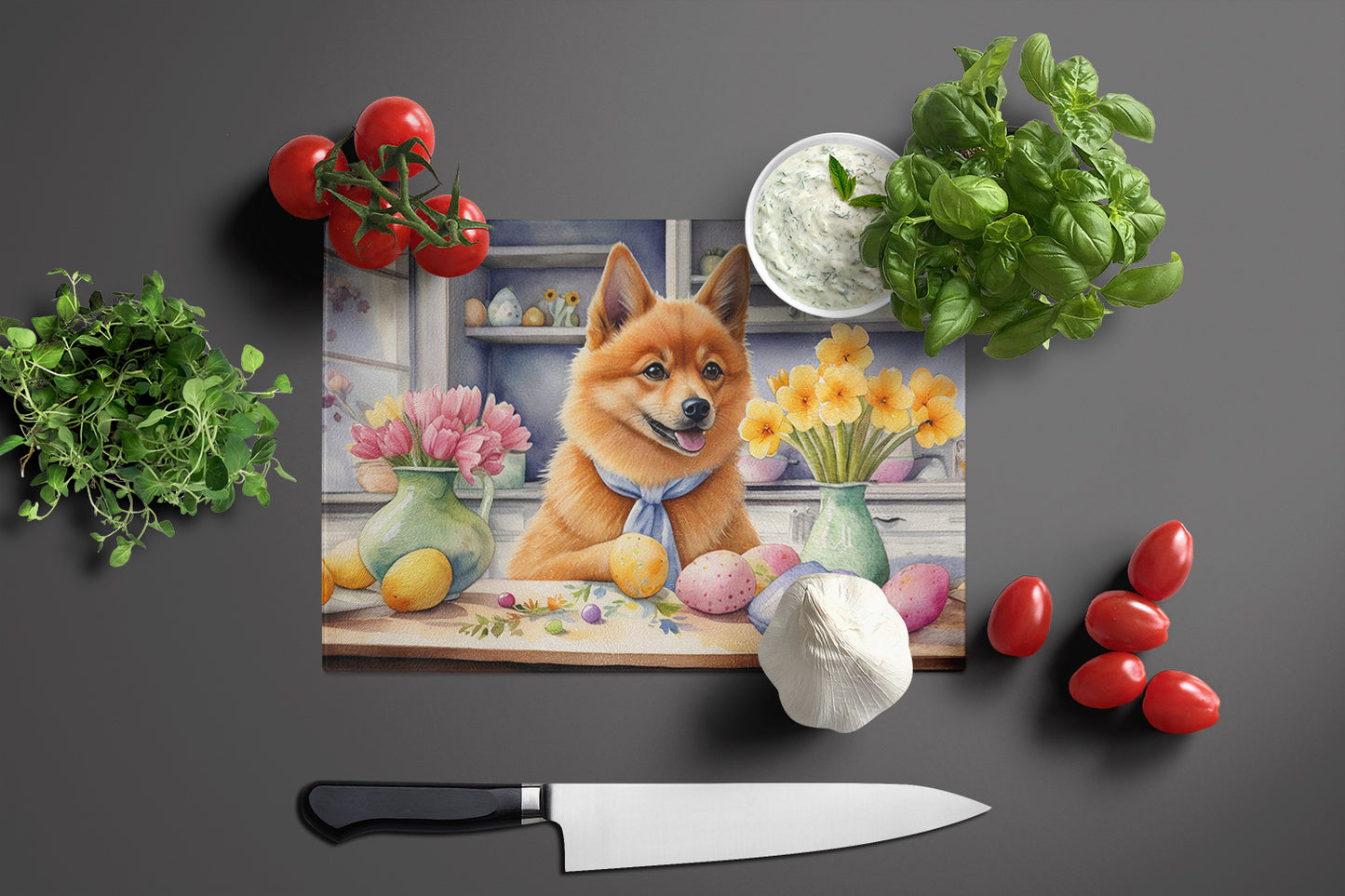 Decorating Easter Finnish Spitz Glass Cutting Board