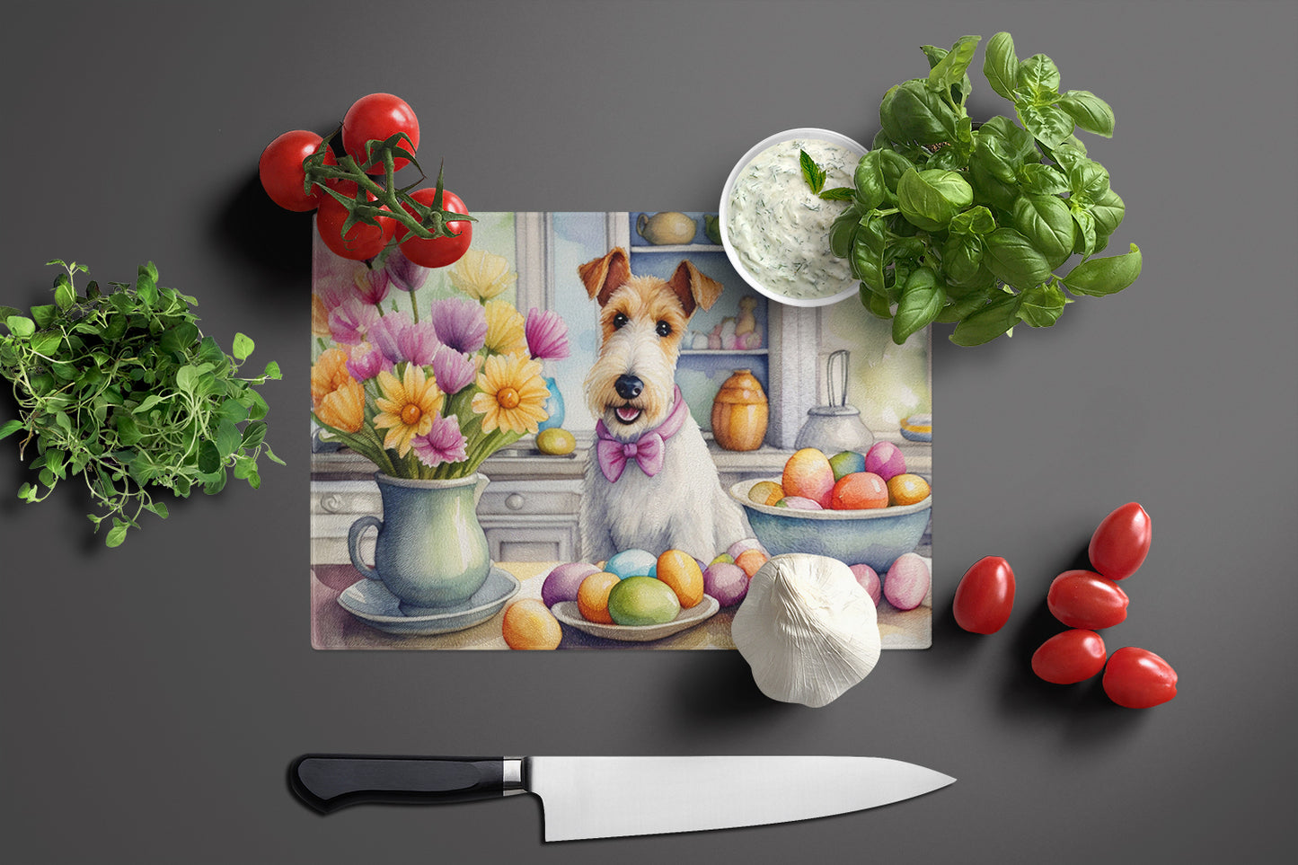 Decorating Easter Fox Terrier Glass Cutting Board