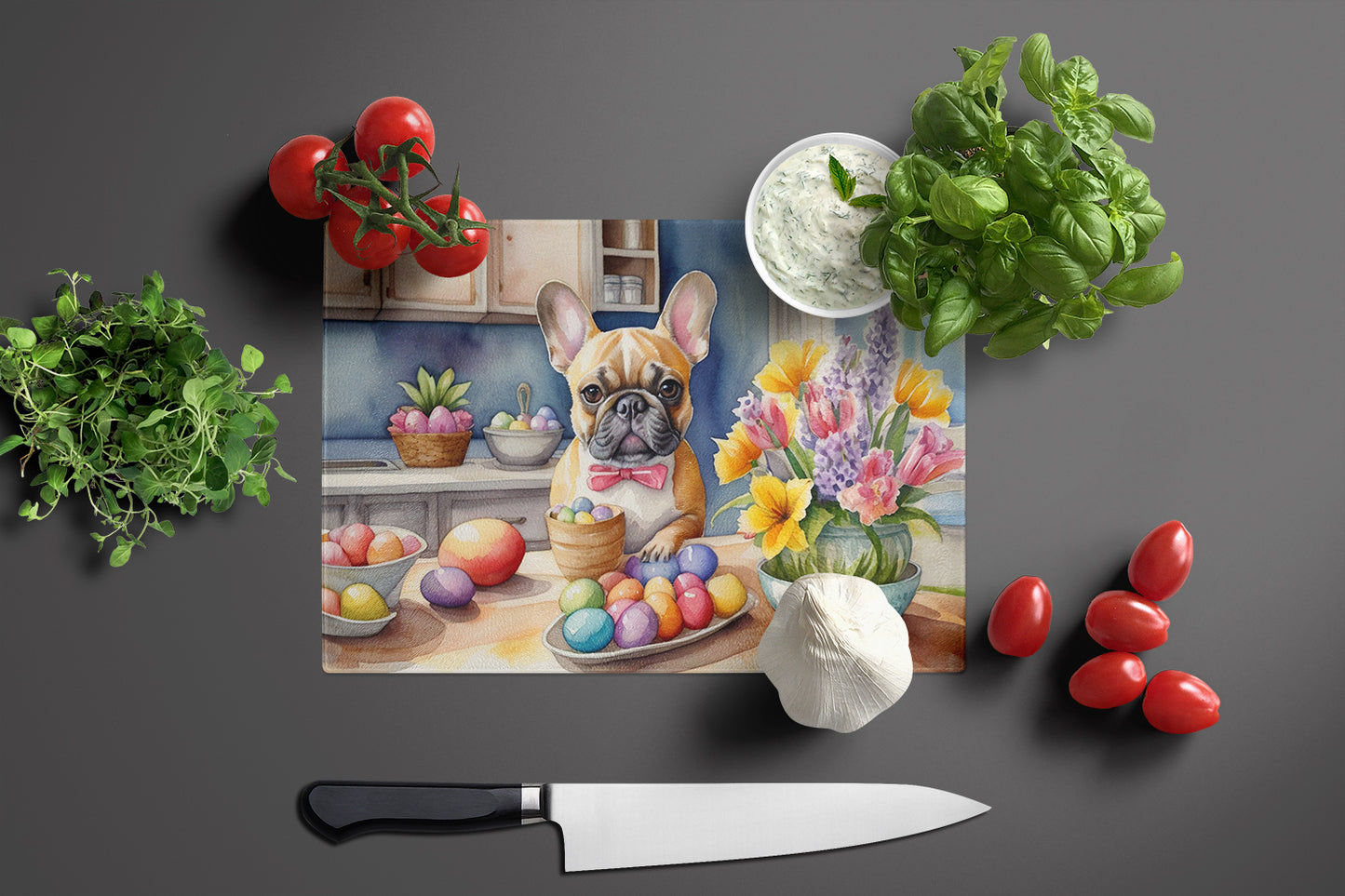 Decorating Easter French Bulldog Glass Cutting Board