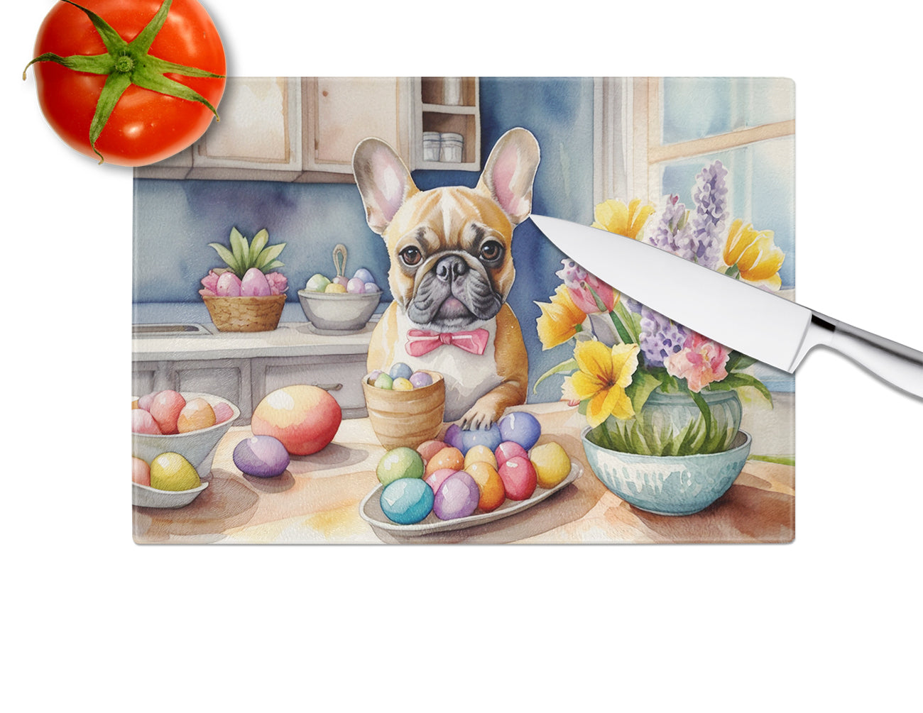 Decorating Easter French Bulldog Glass Cutting Board