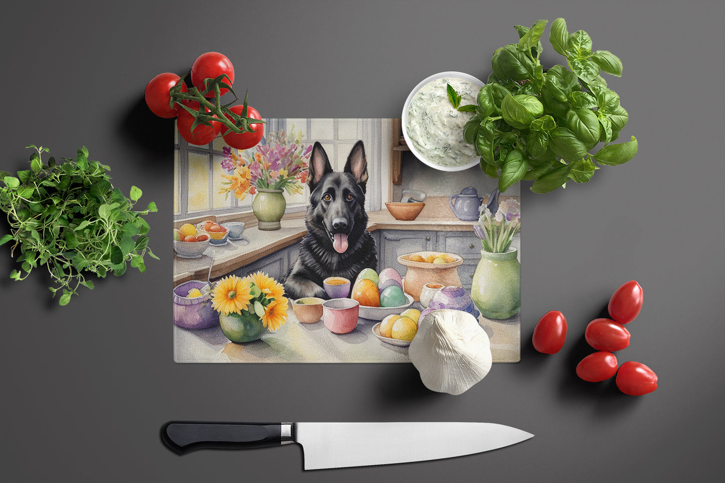 Decorating Easter German Shepherd Glass Cutting Board