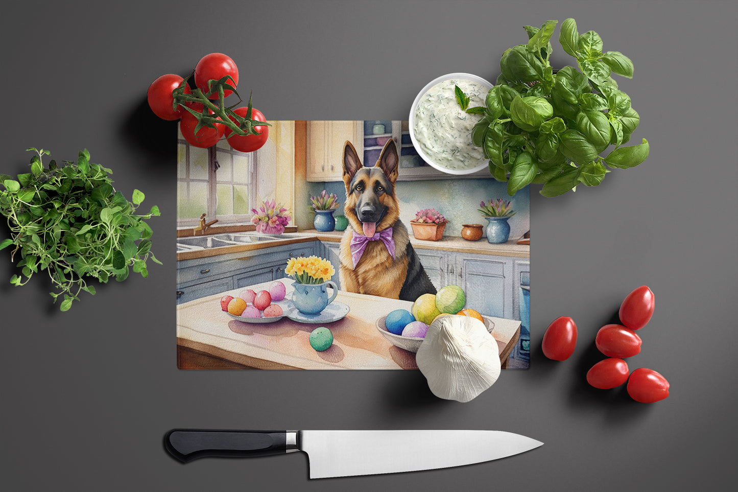 Decorating Easter German Shepherd Glass Cutting Board