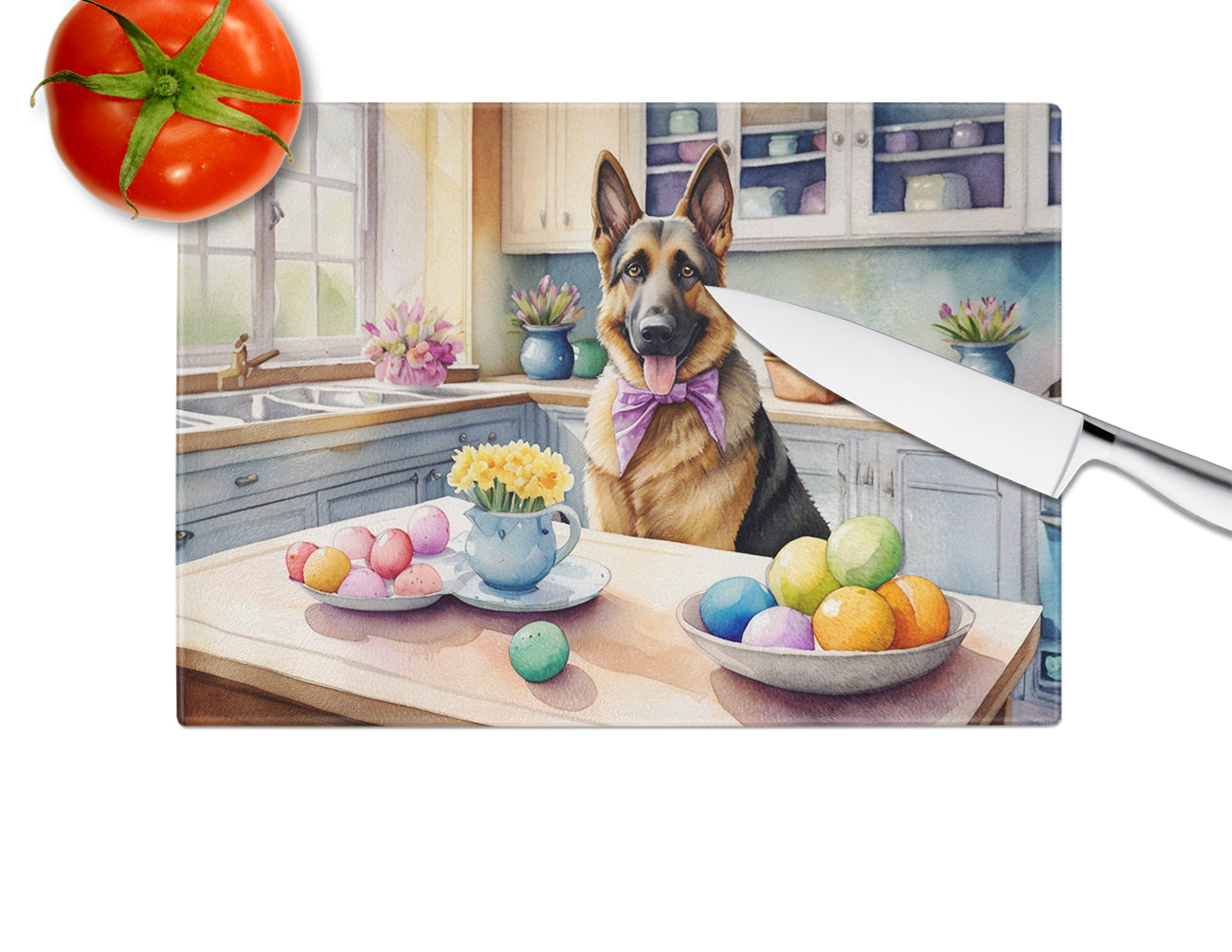 Decorating Easter German Shepherd Glass Cutting Board