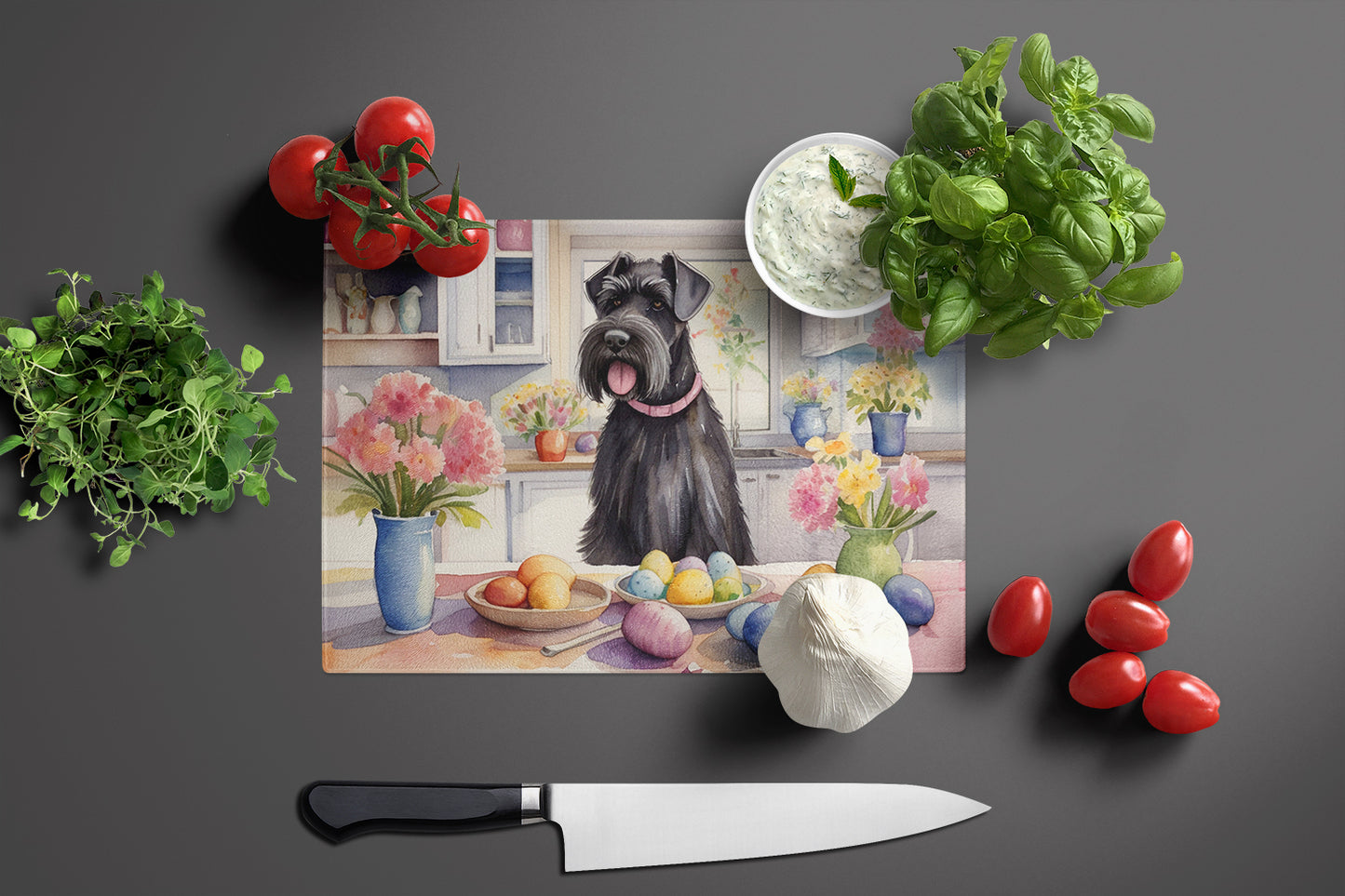 Decorating Easter Giant Schnauzer Glass Cutting Board