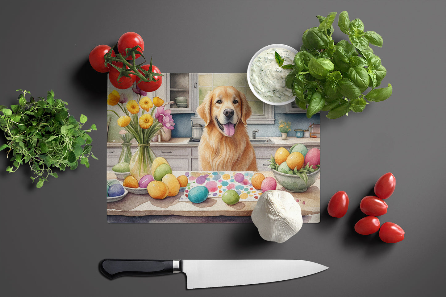 Decorating Easter Golden Retriever Glass Cutting Board