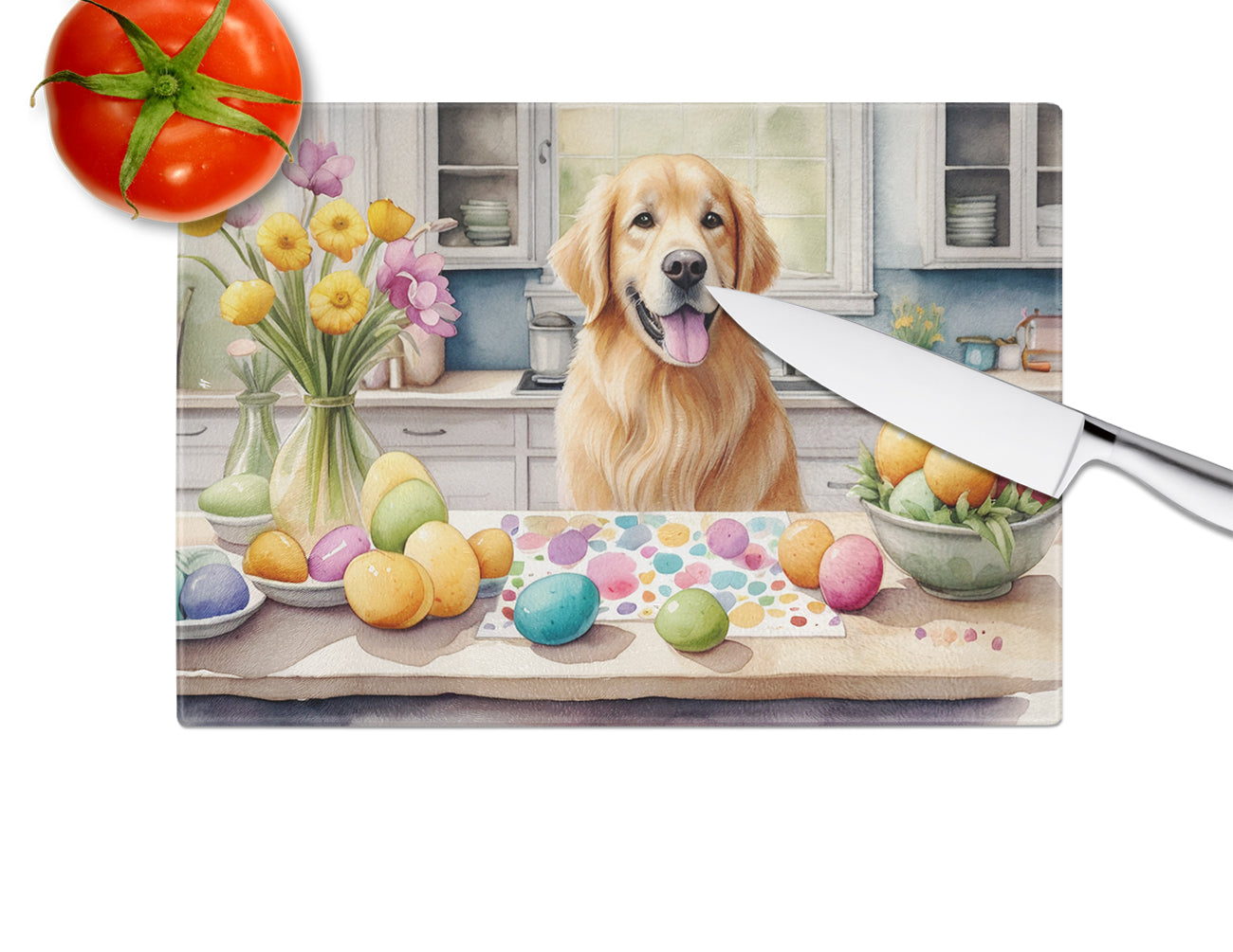 Decorating Easter Golden Retriever Glass Cutting Board