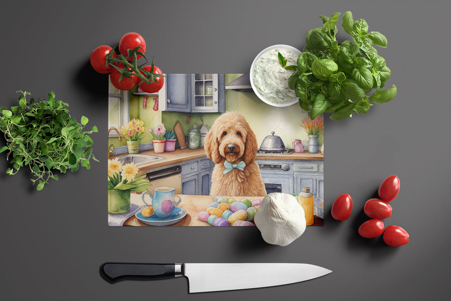 Decorating Easter Goldendoodle Glass Cutting Board