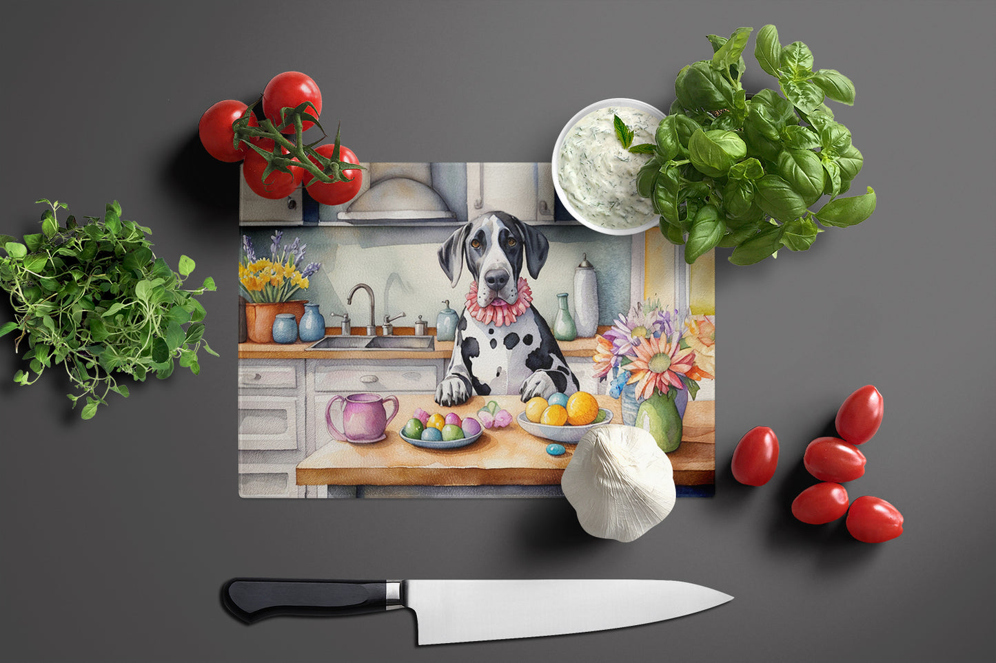 Decorating Easter Great Dane Glass Cutting Board