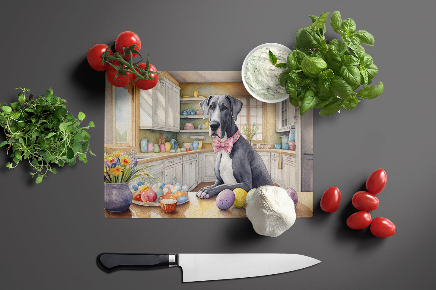 Decorating Easter Great Dane Glass Cutting Board