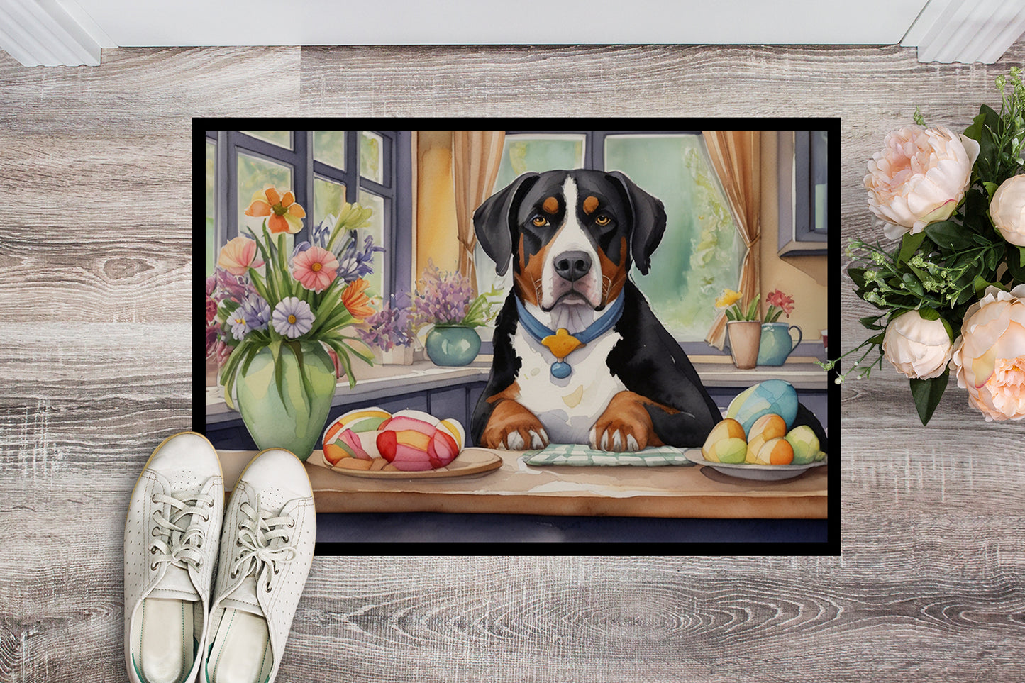 Decorating Easter Greater Swiss Mountain Dog Doormat