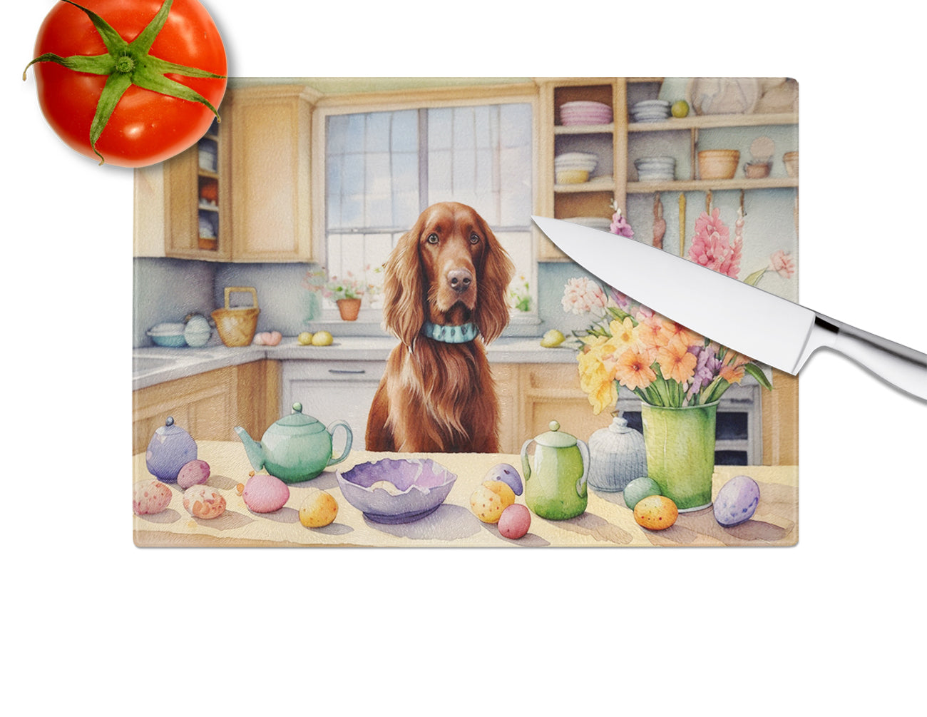 Decorating Easter Irish Setter Glass Cutting Board